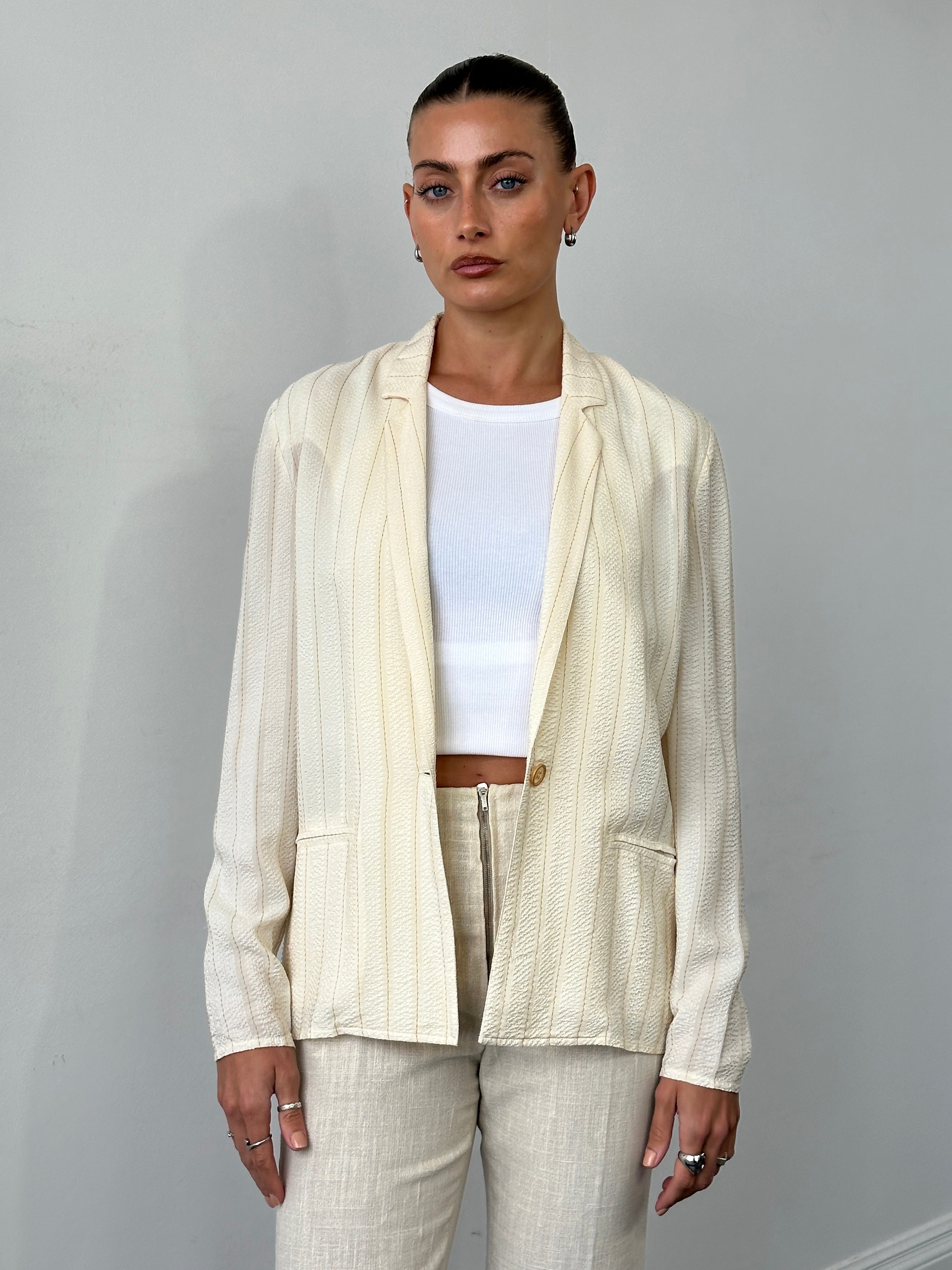 Vintage Italian pure silk stripe blazer with single button closure, tailored fit, in size M, stylish vintage blazer for women.