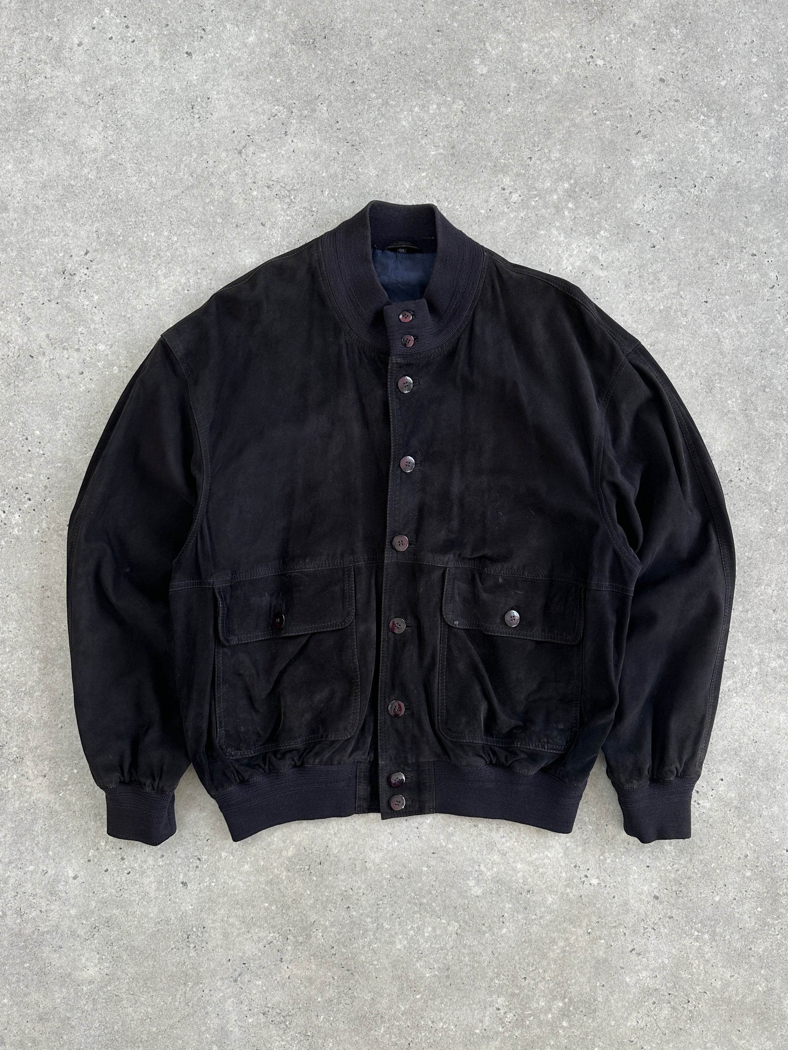 Vintage 1980s high neck suede bomber jacket in XL, leather jacket with classic design and soft suede texture.