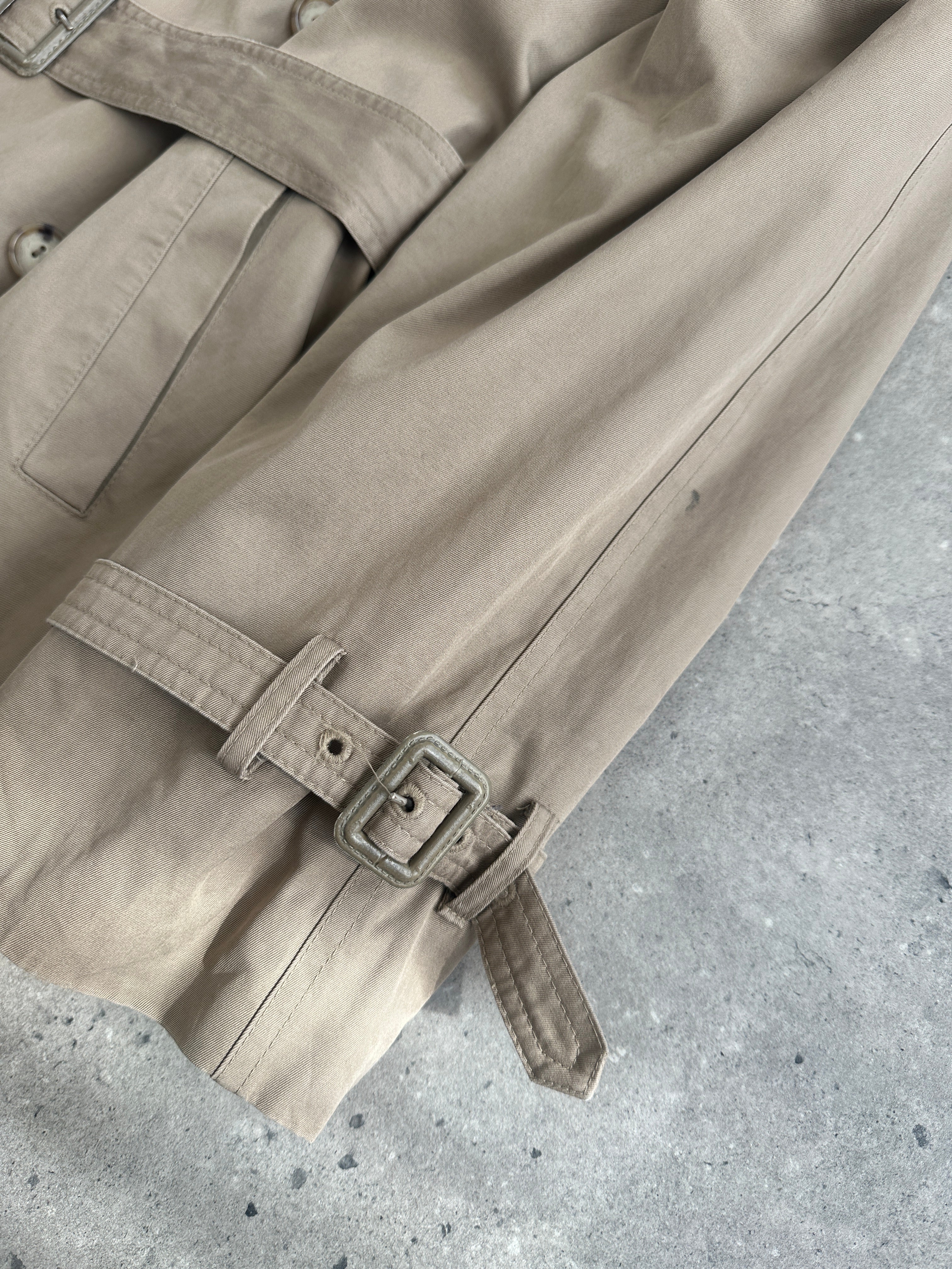 Yves Saint Laurent 80s pure cotton double-breasted belted trench coat in XL, featuring classic design and neutral color.
