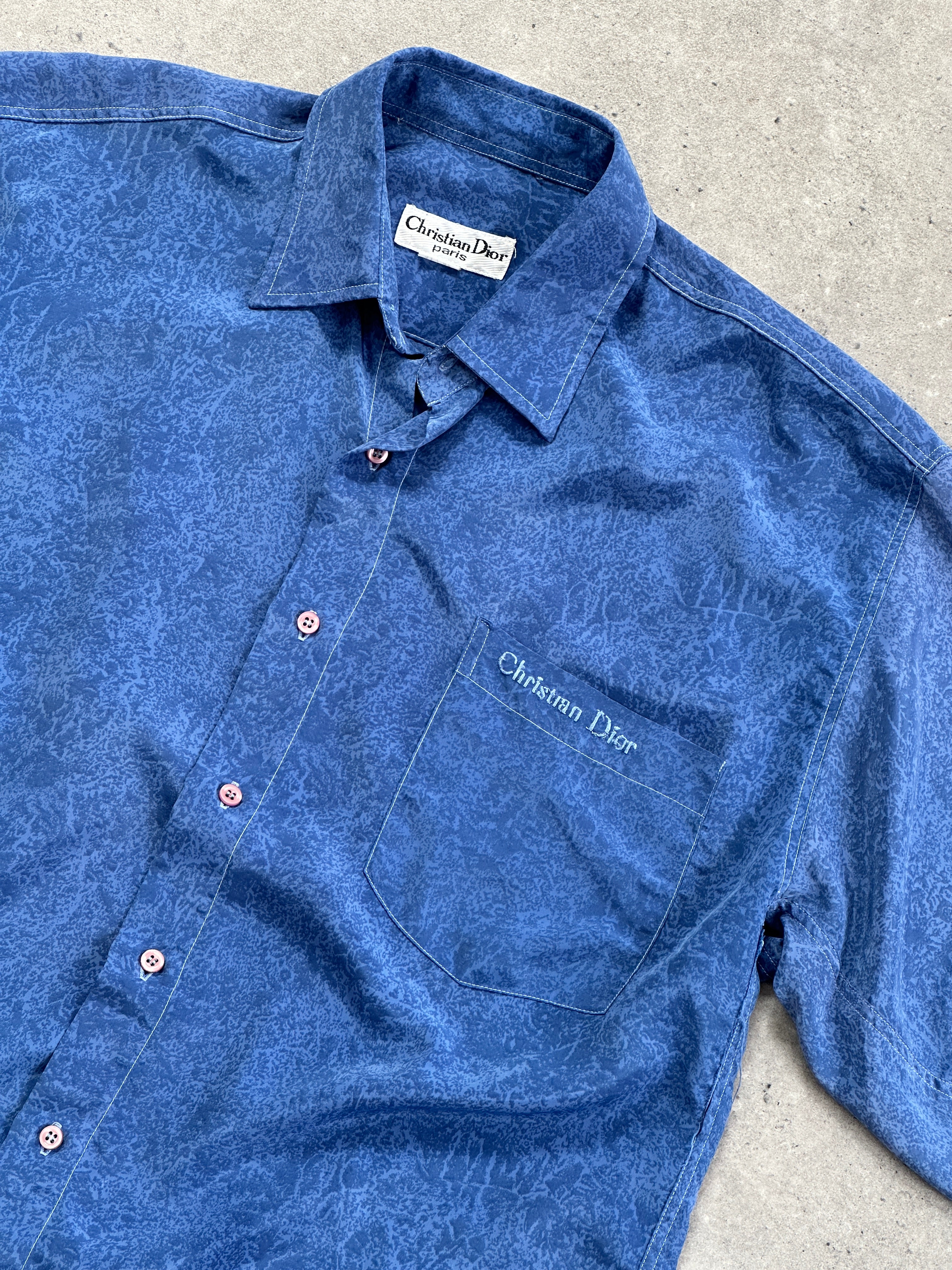 Christian Dior 90s silk print short sleeve logo shirt in XL, featuring colorful Dior logo design and lightweight fabric.