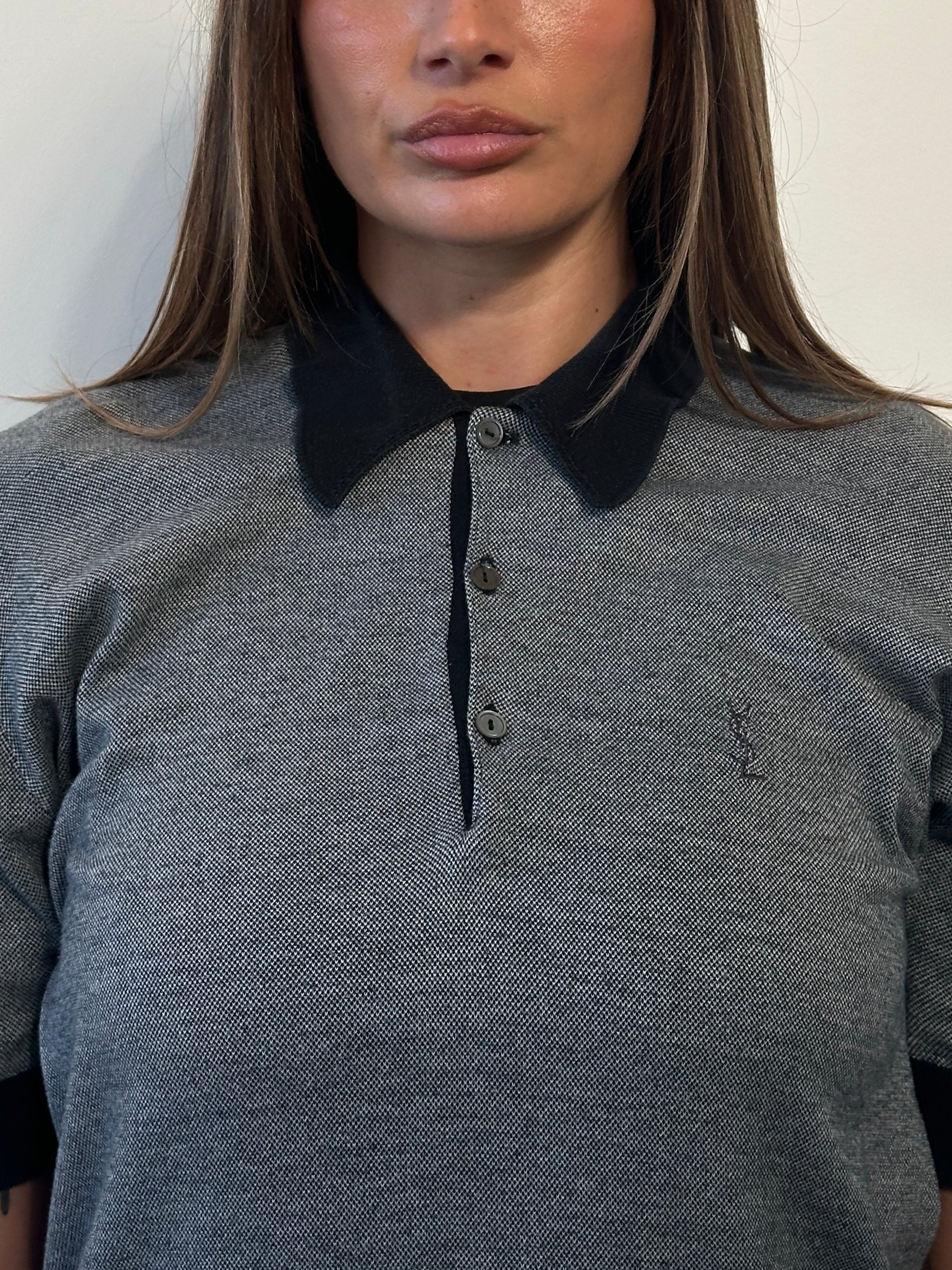 Yves Saint Laurent 1990s cotton logo polo shirt in size M, featuring the classic YSL logo on the chest and a collared design.