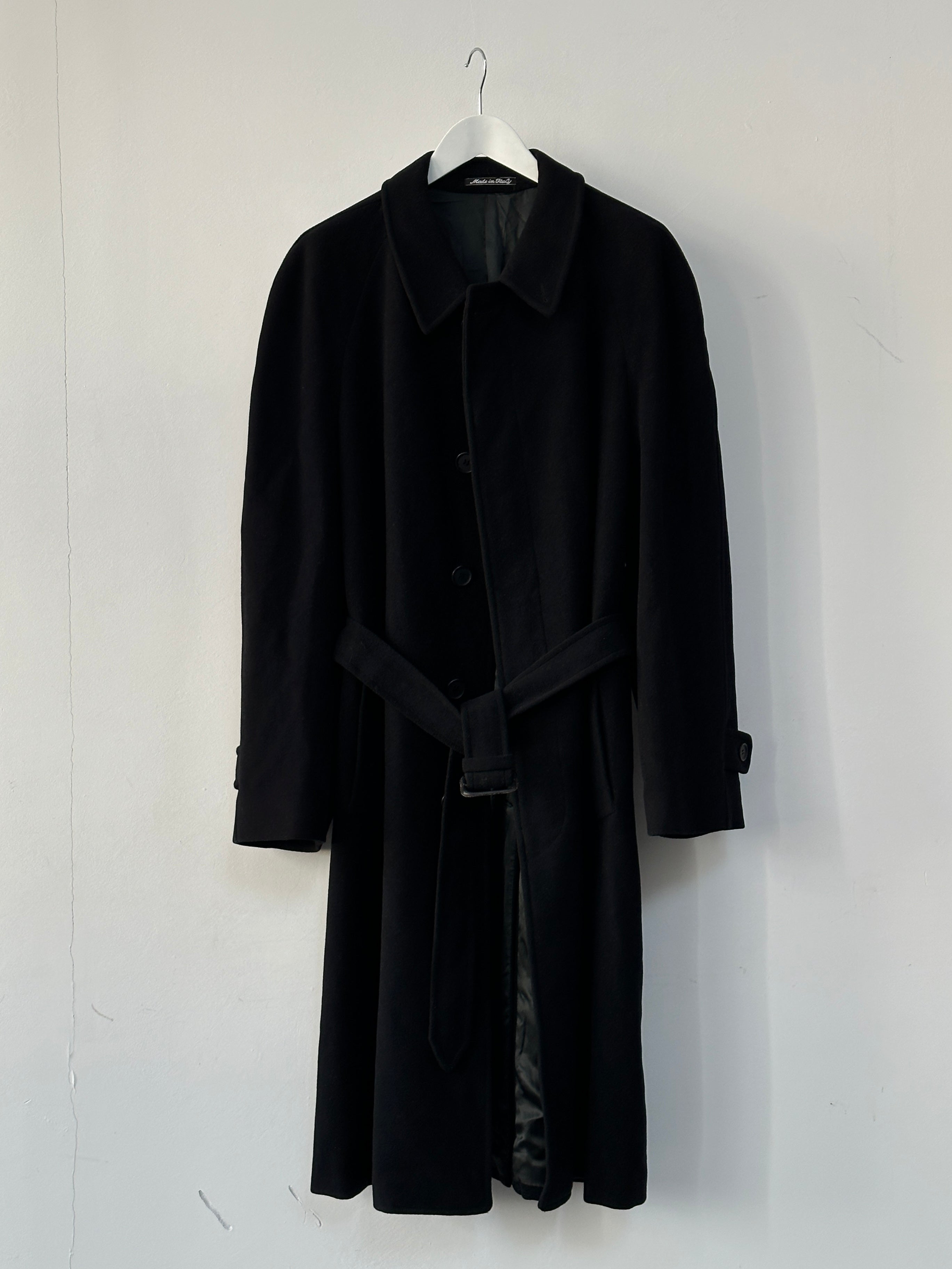Giorgio Armani Le Collezioni belted wool coat in XXL, showcasing a classic design with a tailored fit and neutral color.