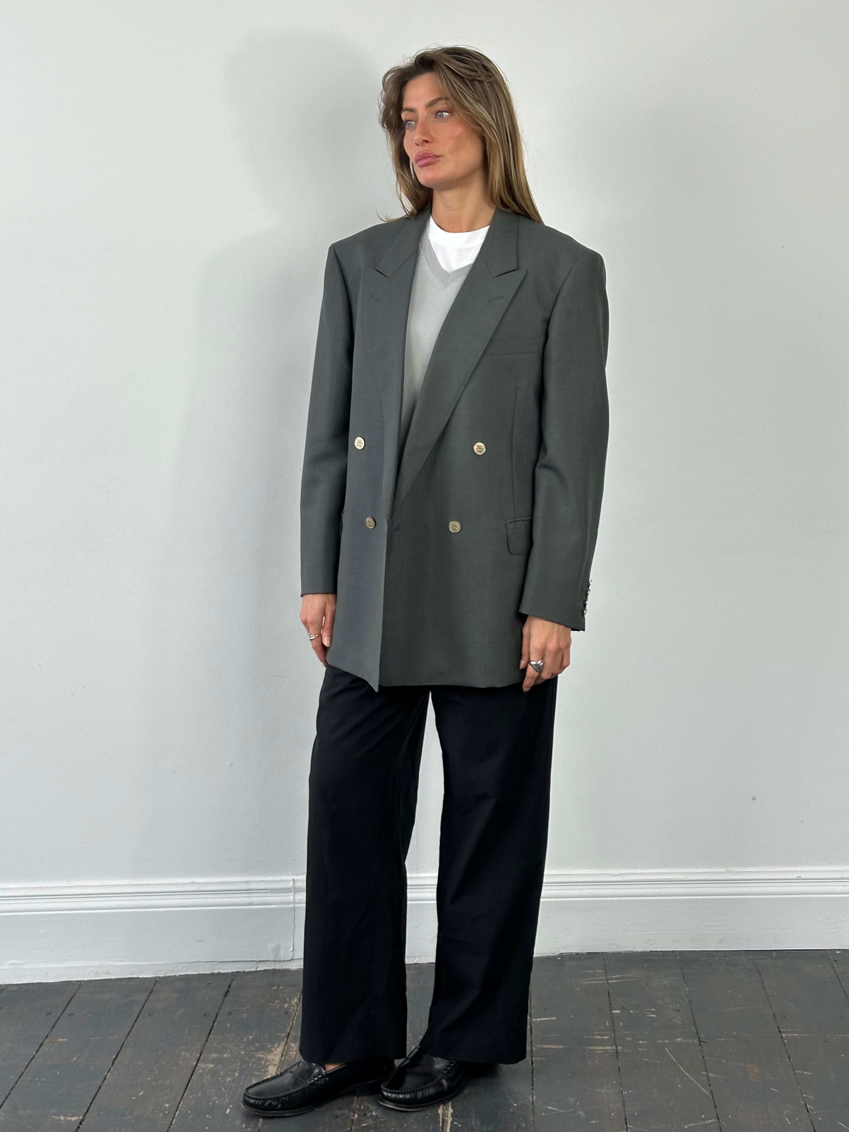 Burberry 1990s wool mohair double-breasted blazer in XL, tailored fit with classic check pattern and structured design.