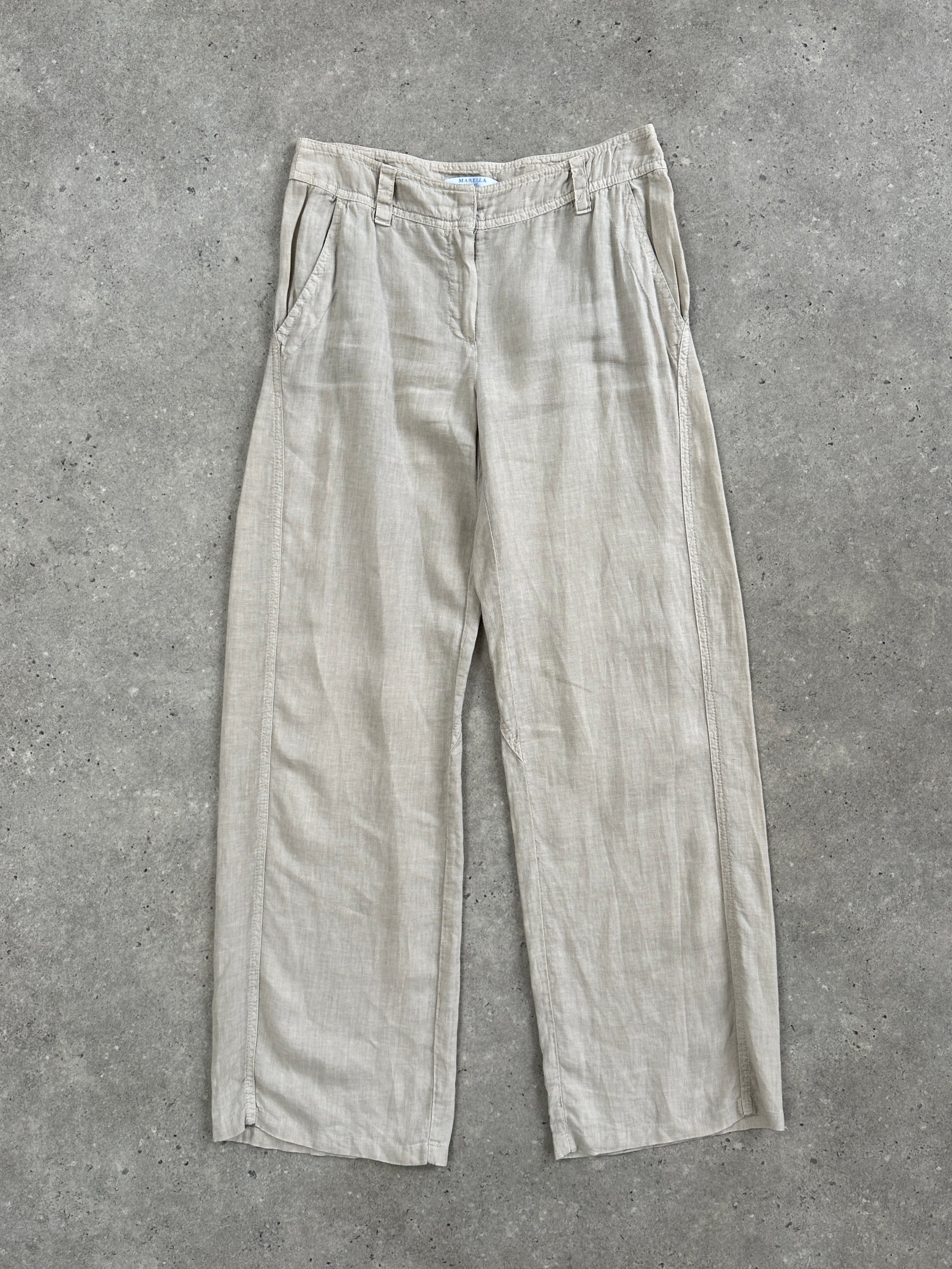 Marella 2000s low-waisted straight-leg trousers in W28, shown on a model, featuring classic fit and dark fabric.
