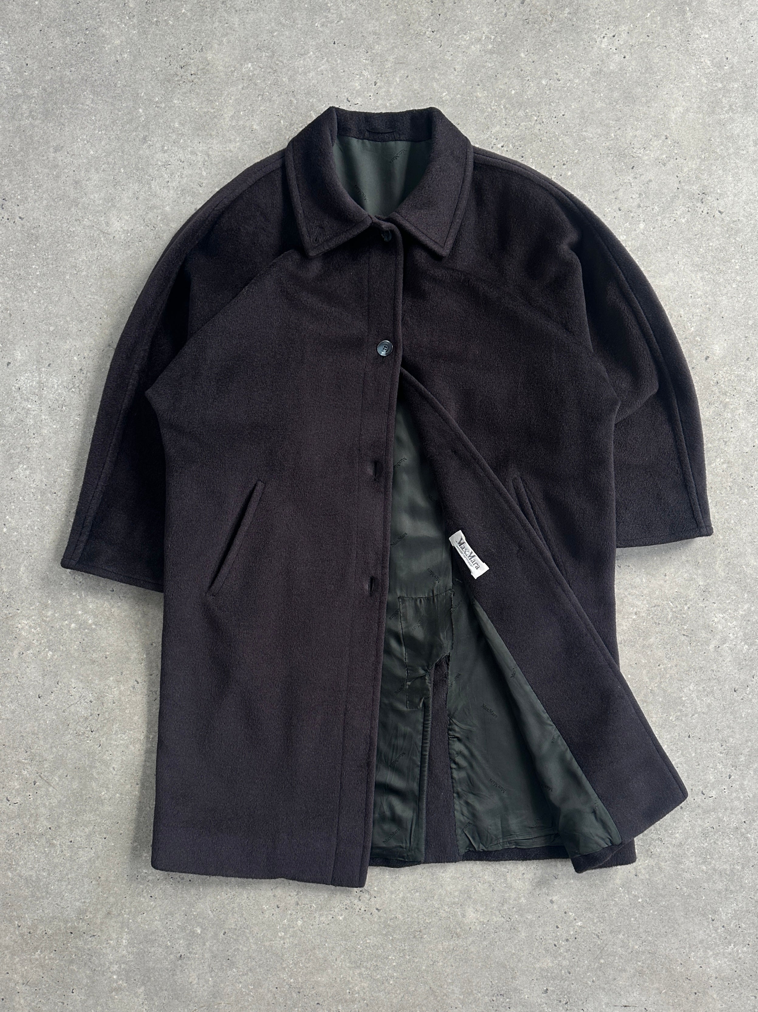 Max Mara wool and cashmere single-breasted coat in size L, shown hanging on a wooden hanger with a neutral background.