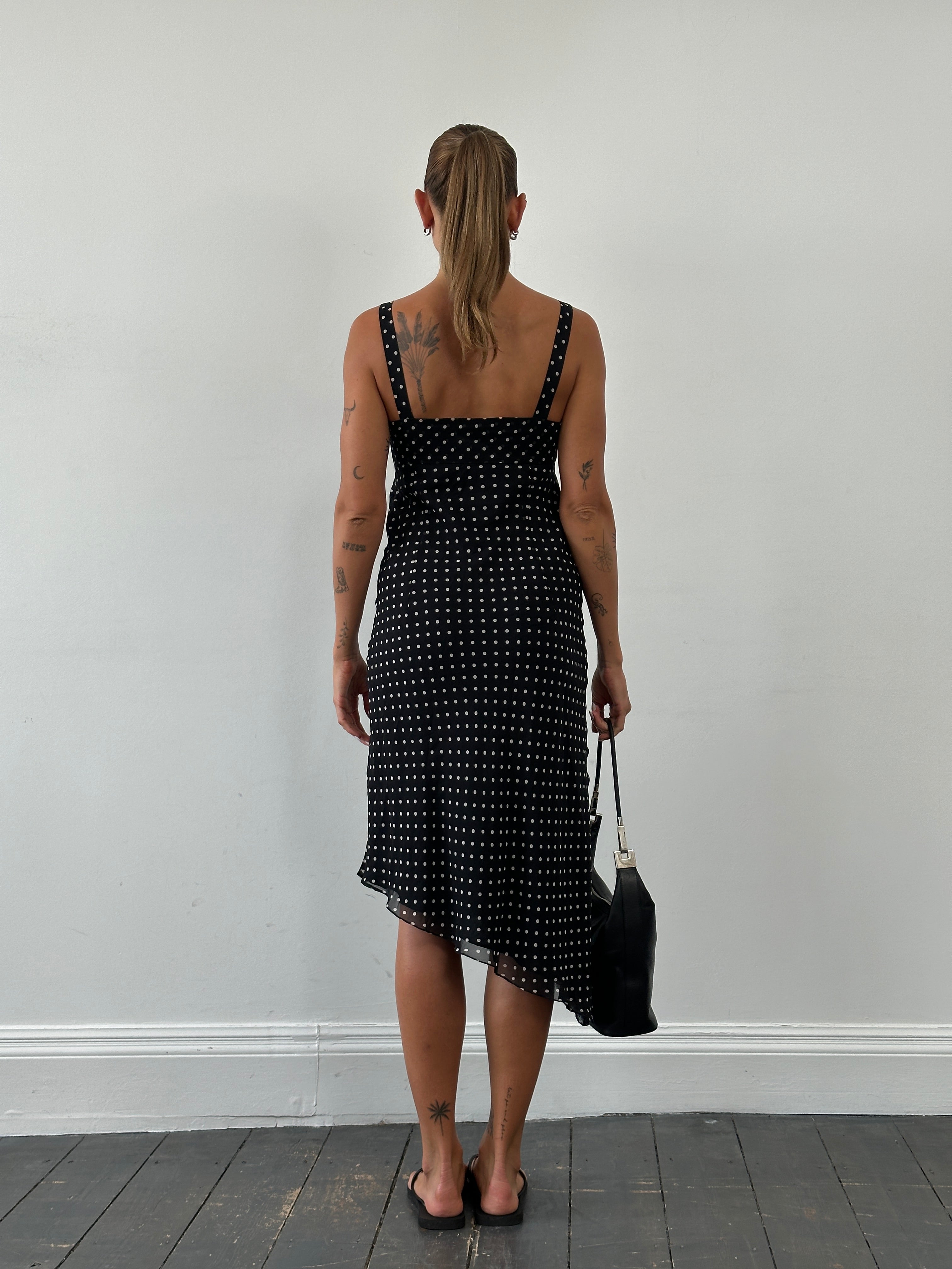 Max Mara Pianoforte 1990s pure silk polkadot asymmetric midi dress in black and white, S/M size, featuring a stylish, vintage design.