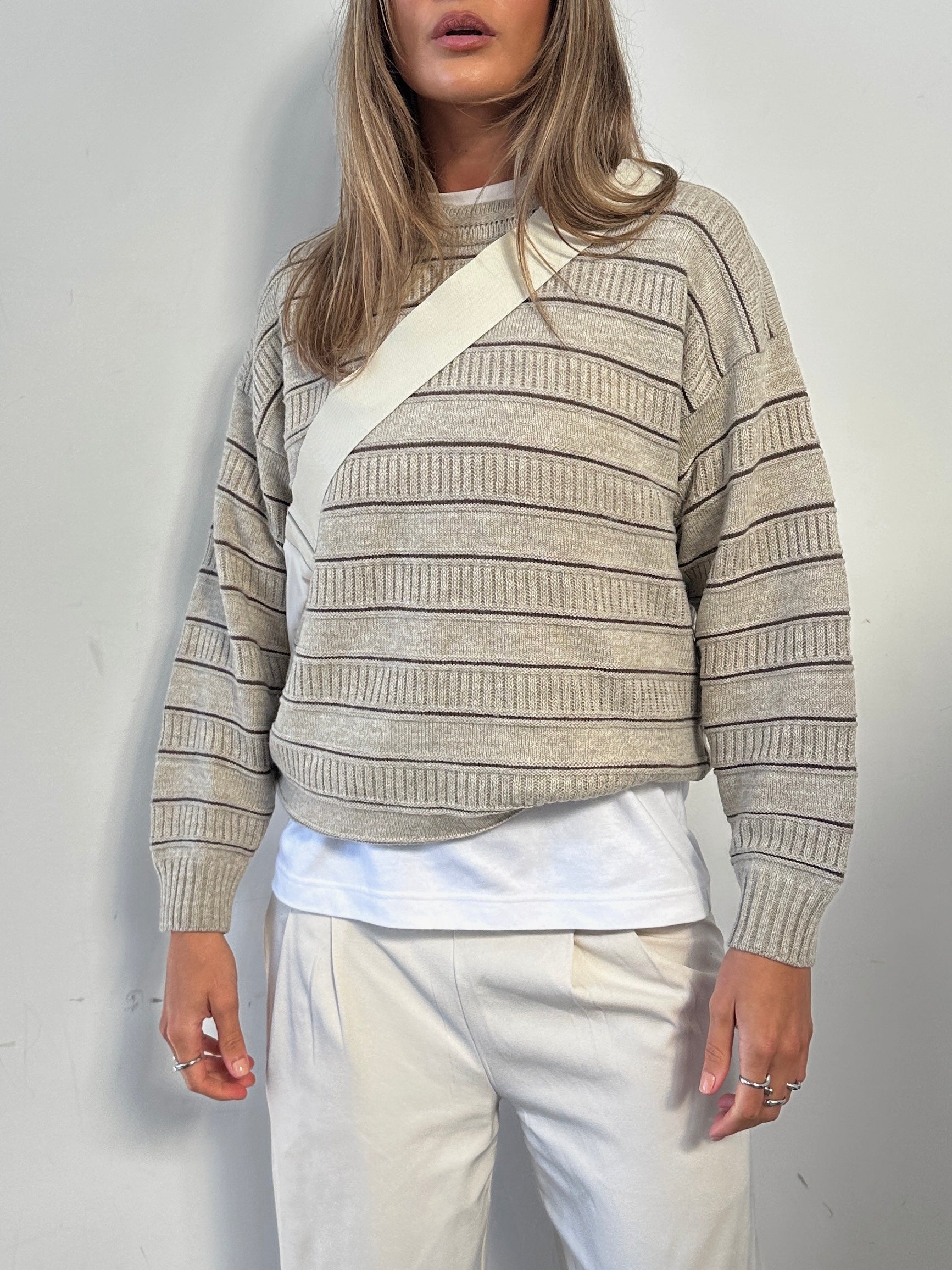 St Michael stripe knitted jumper in medium size, featuring a colorful striped pattern and soft knit fabric.