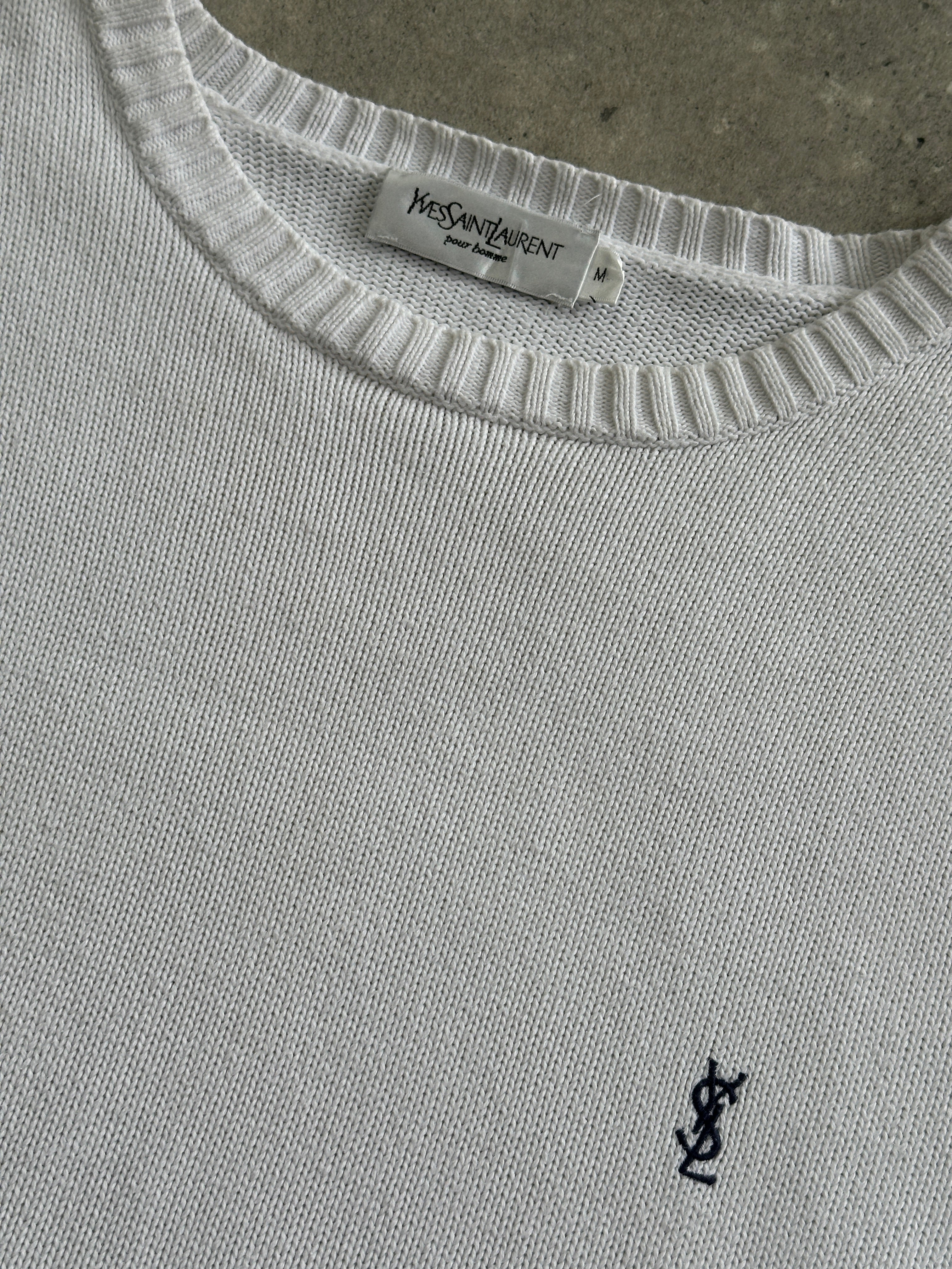 Yves Saint Laurent Pour Homme knitted logo jumper in pure cotton, size large, featuring the brand's signature logo on the front.