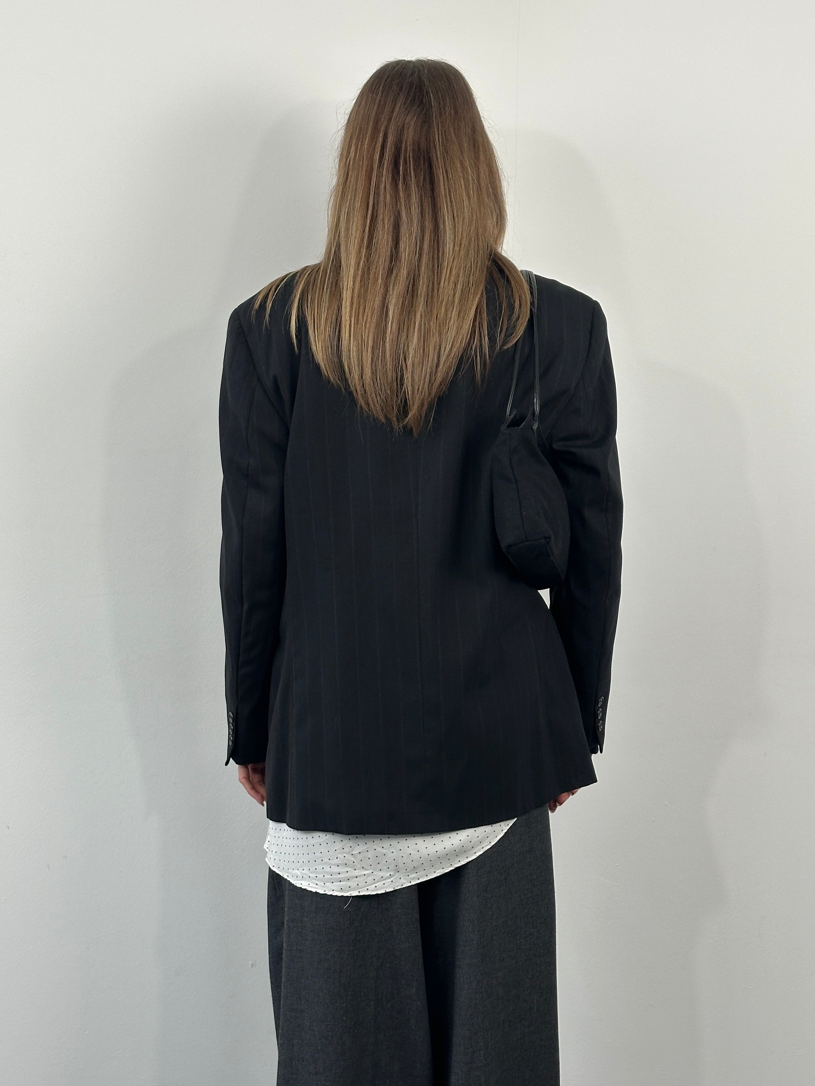 Christian Dior Le Connaisseur 1990s pure wool stripe blazer in size 42R/XL, featuring classic tailored fit and bold striped pattern.