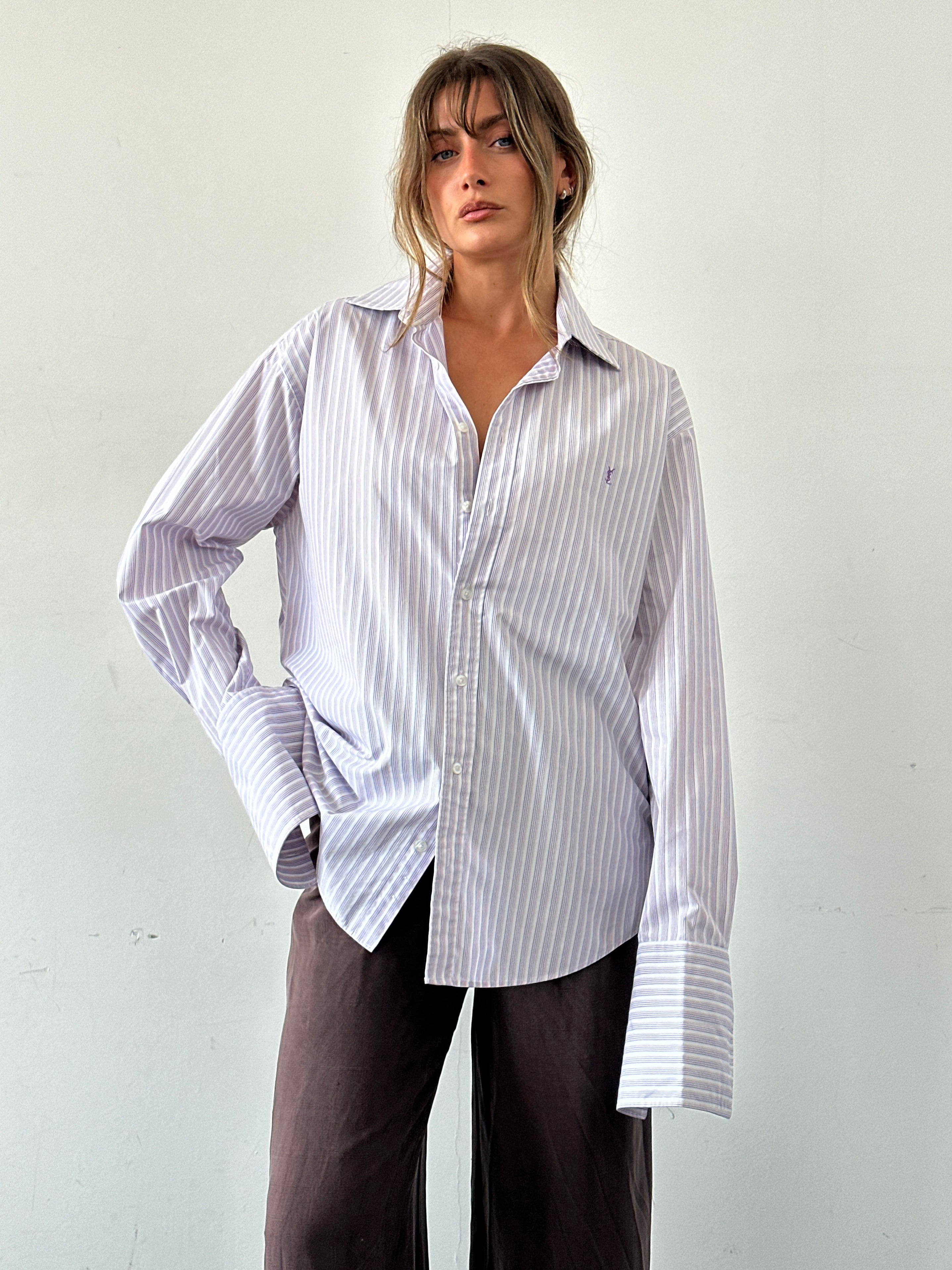 Yves Saint Laurent Pour Homme striped cotton dress shirt with logo, in size L/XL, featuring a classic button-down design.
