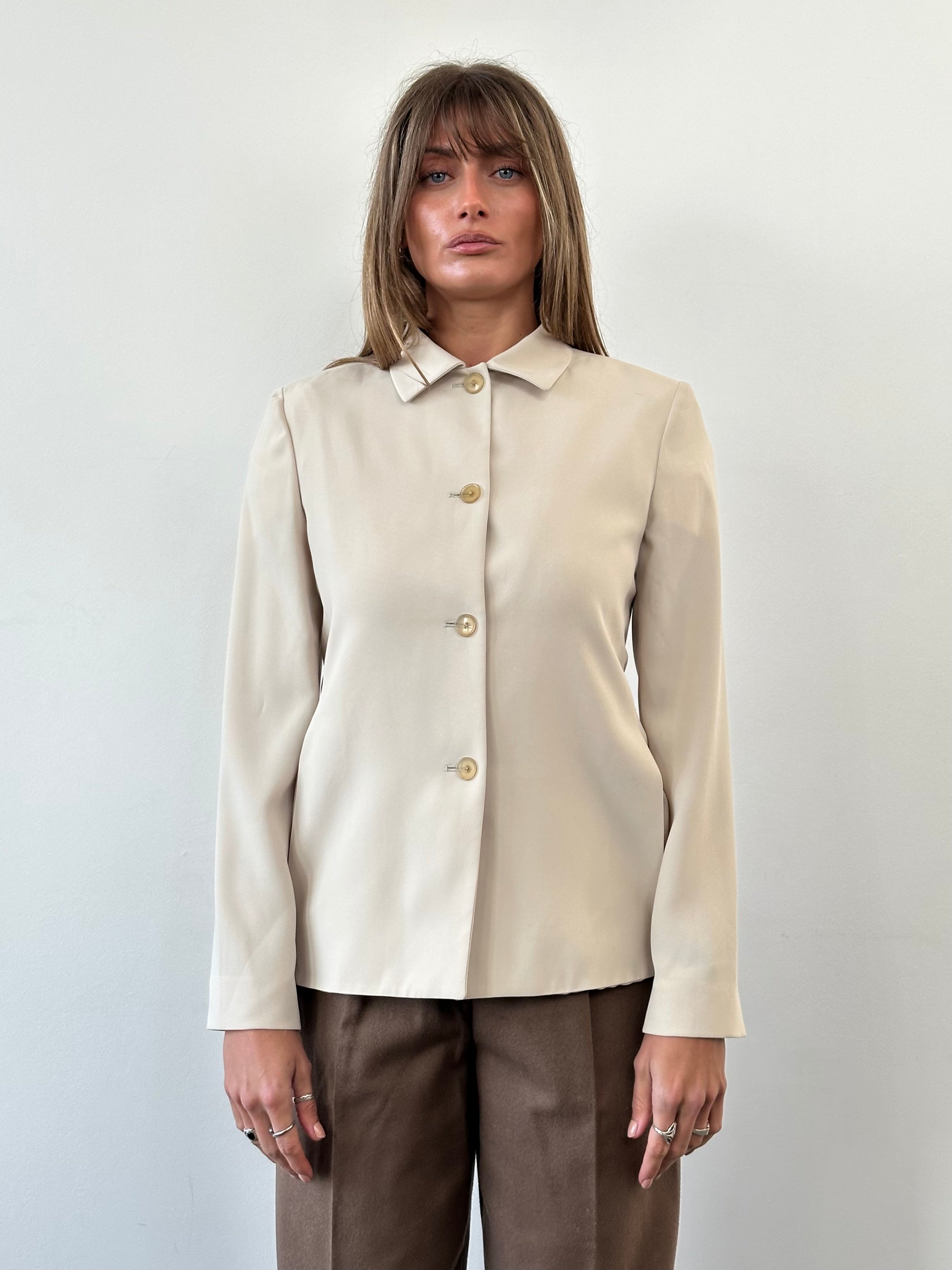 Gianfranco Ferre tailored shirt jacket in S/M, shown in structured fabric with a classic collar and button front.
