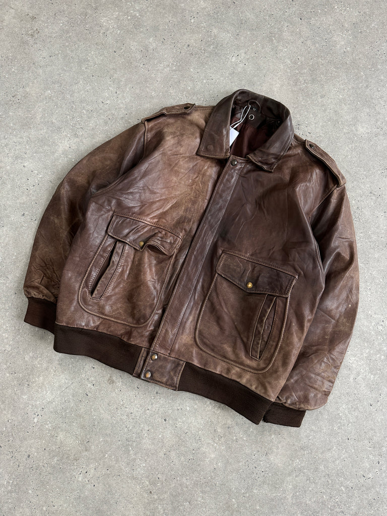 Vintage Distressed Leather Bomber Jacket - XL - SYLK