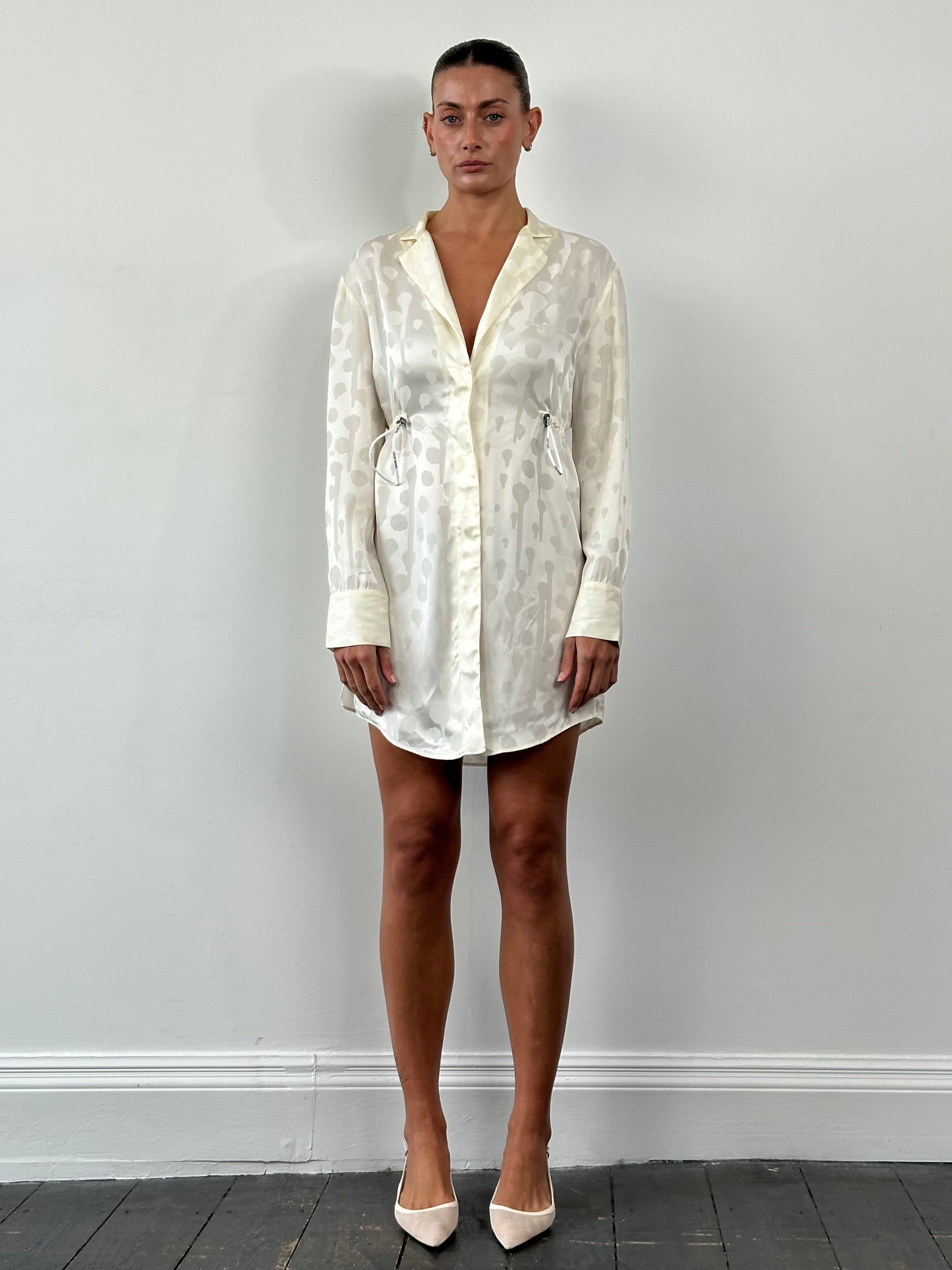 Off-White two-piece cami and shirt dress set in patterned fabric, featuring a stylish, casual design for women.