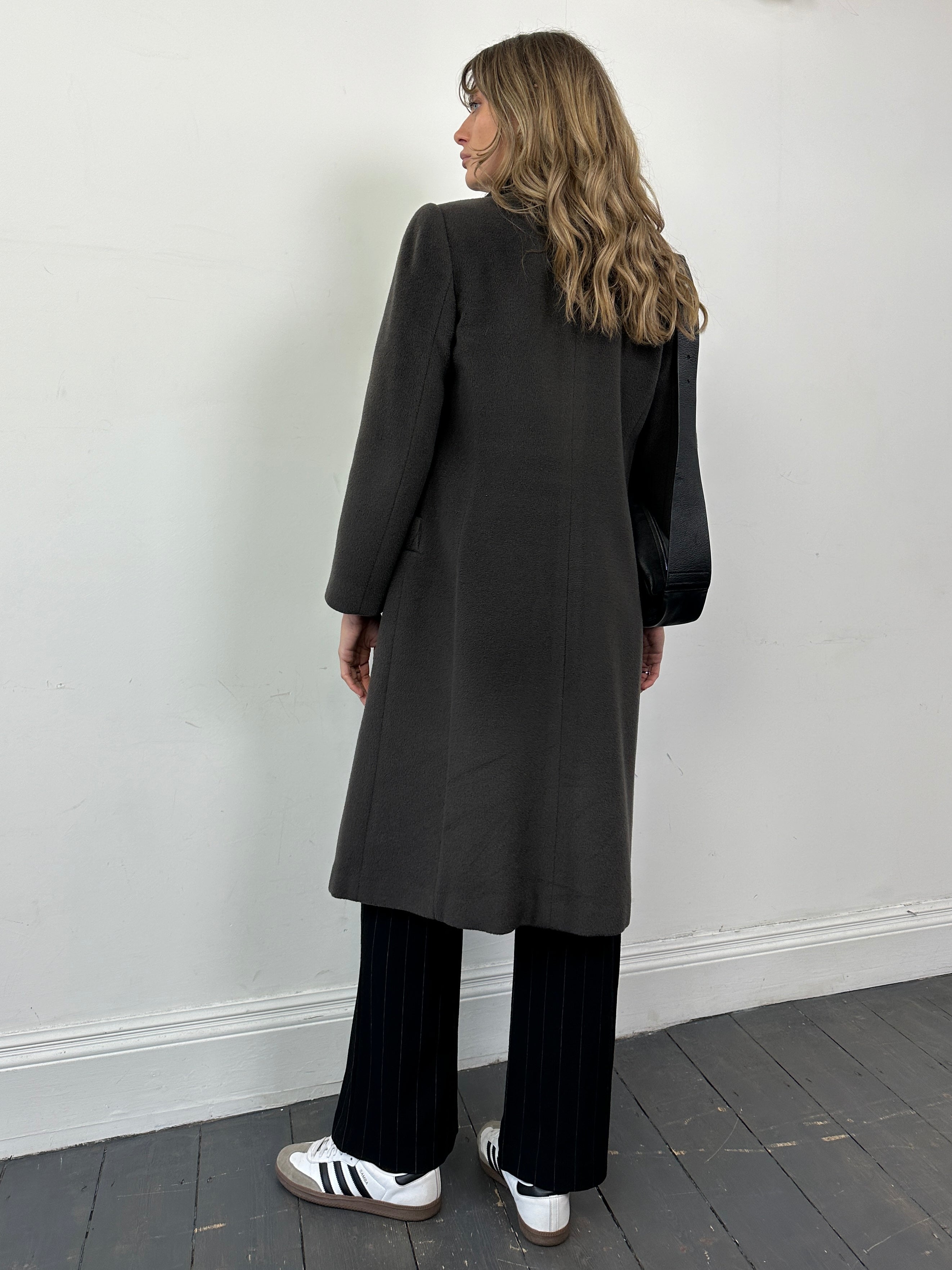 Armani Collezioni wool cashmere single-breasted coat in size S, shown in a neutral color with classic tailored fit.