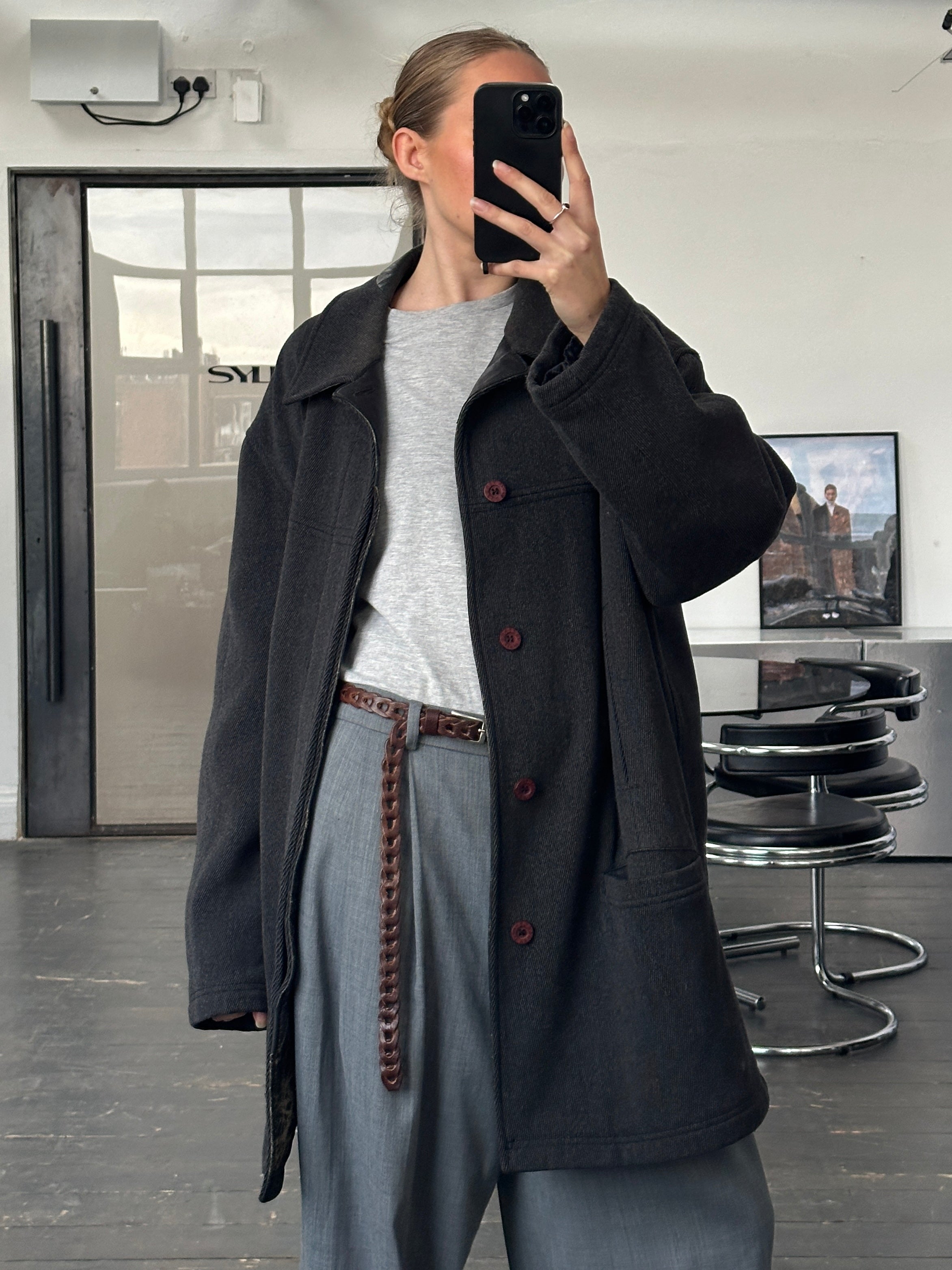 Versace Sport 1990s wool twill coat with concealed placket, oversized fit in XXL/XXXL, stylish men's outerwear.