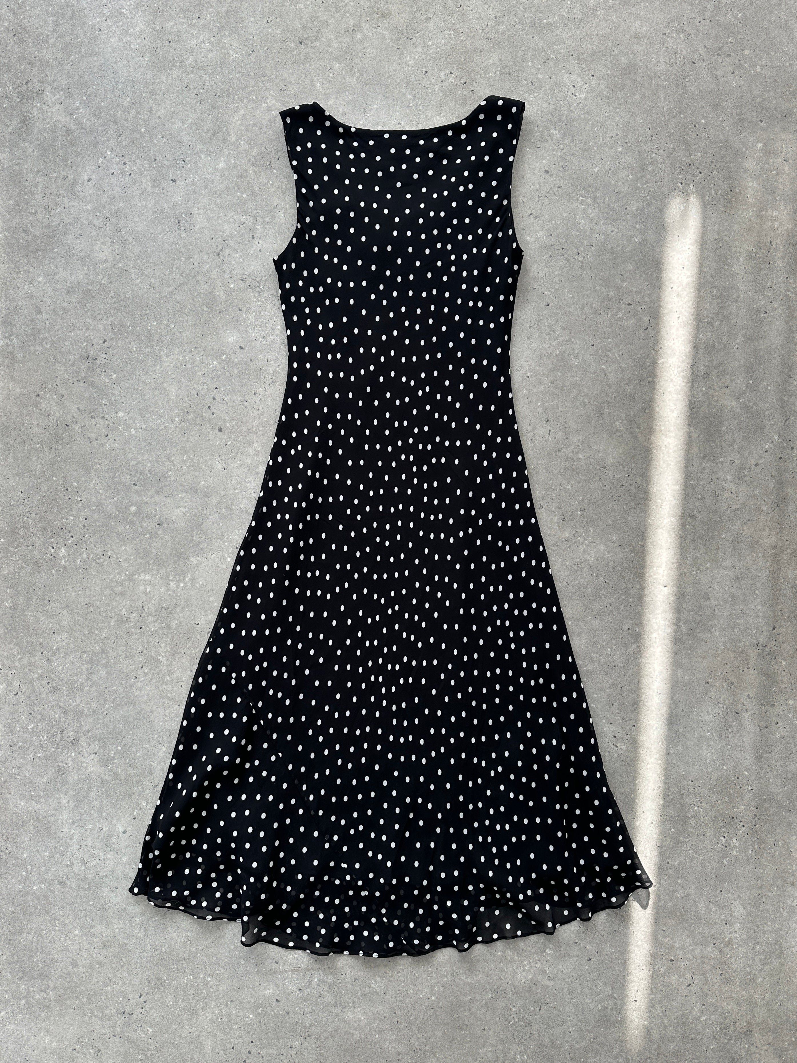 Vintage 2000s silk polka dot A-line maxi dress, size M, featuring a classic vintage style with flowing fabric and a flattering silhouette.