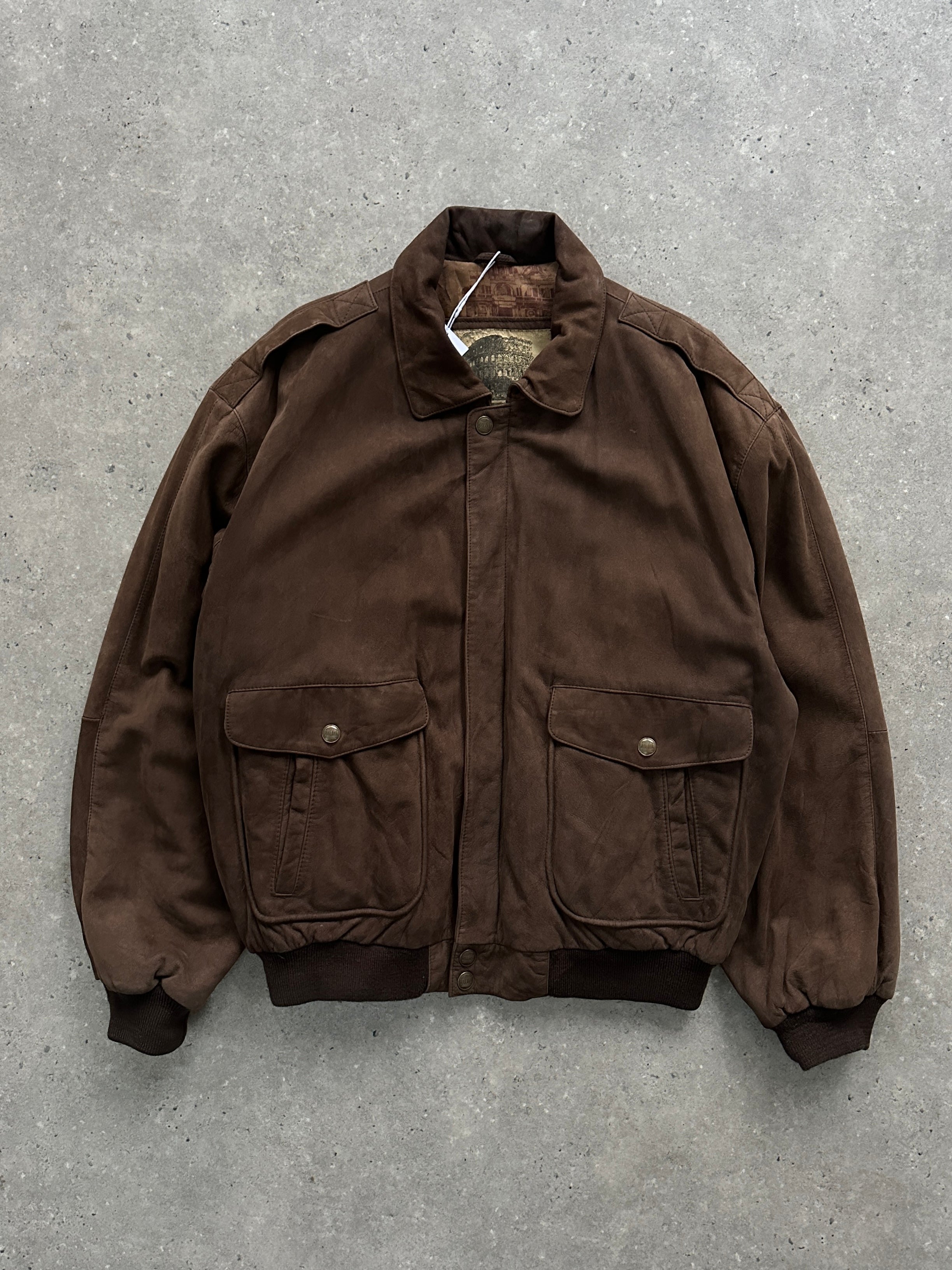 Vintage Nubuck Leather Bomber Jacket, size large, shown in a close-up image highlighting the textured leather and classic design.