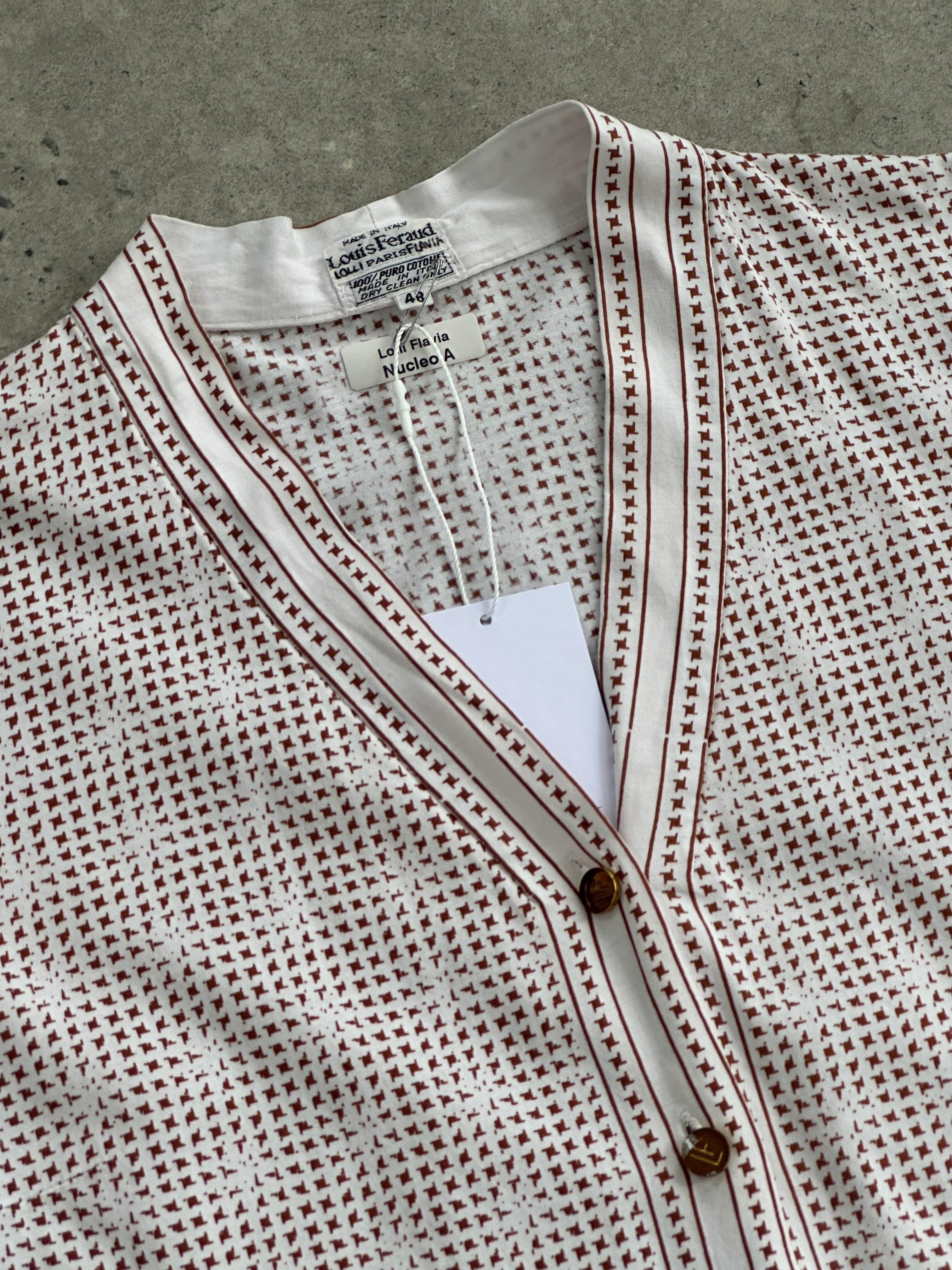 Louis Feraud pure cotton cropped monogram short sleeve shirt displayed with front view and subtle monogram pattern.