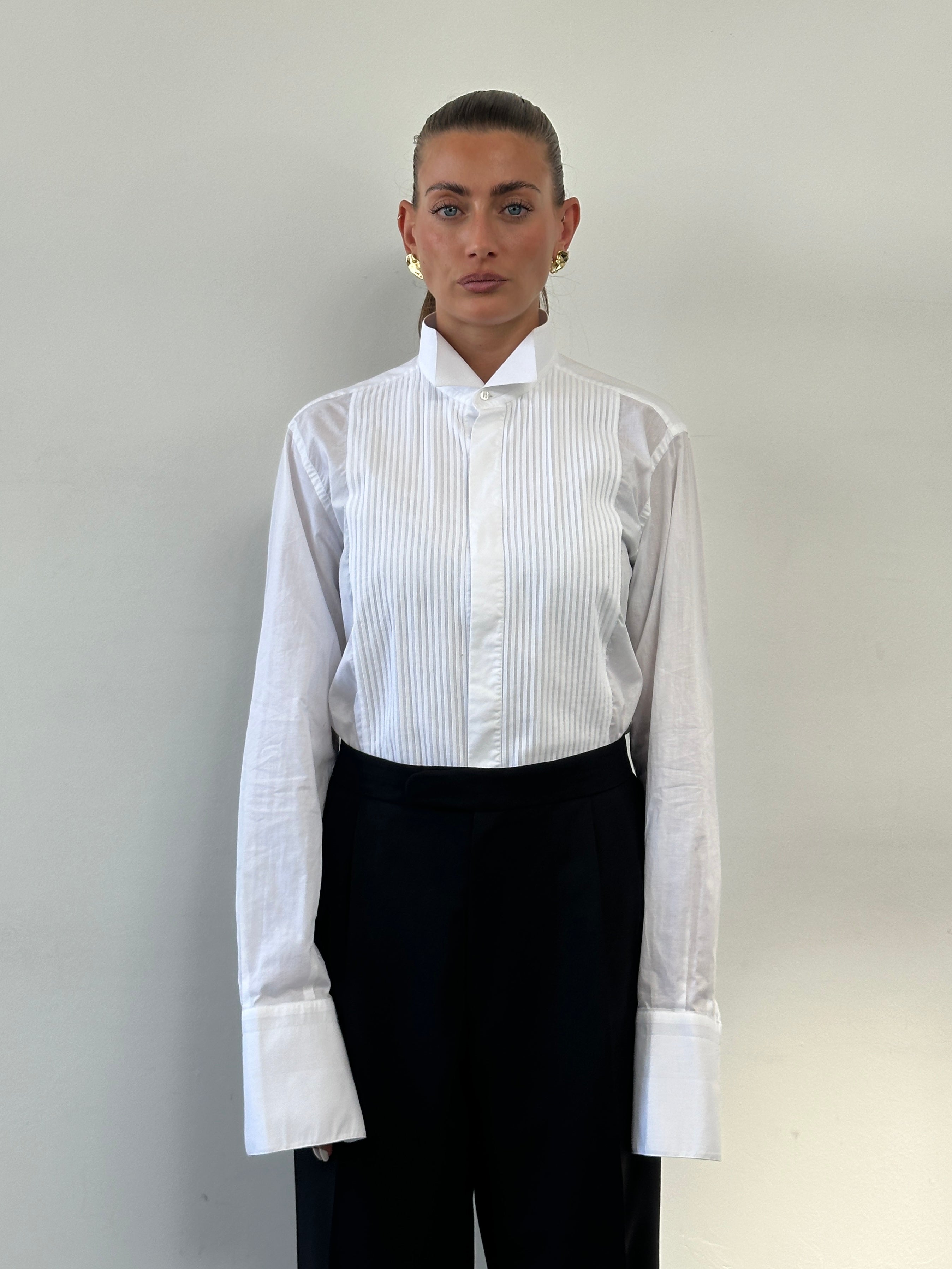 Vintage wing collar tuxedo dress shirt in size L, featuring classic style and crisp fabric, ideal for formal occasions.
