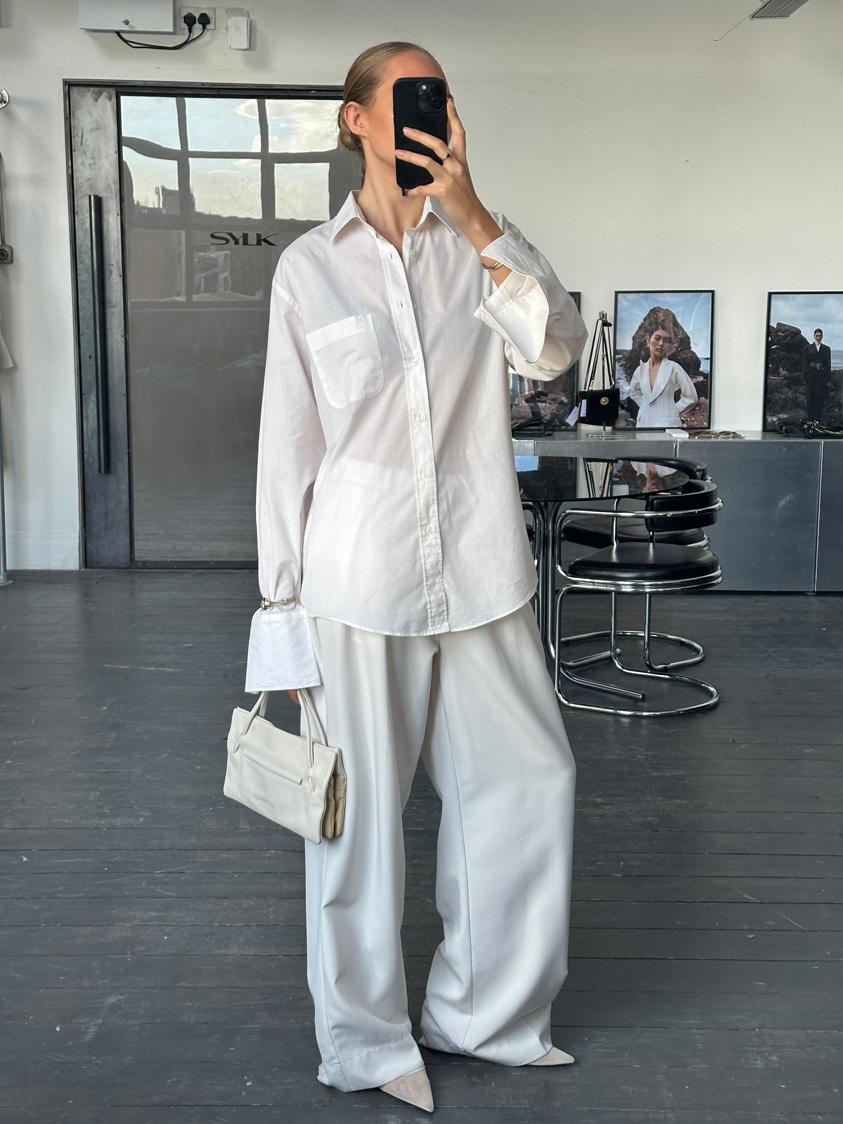 Yves Saint Laurent Pour Homme 1990s cotton logo dress shirt, men's size L, featuring classic collar and button-front design.