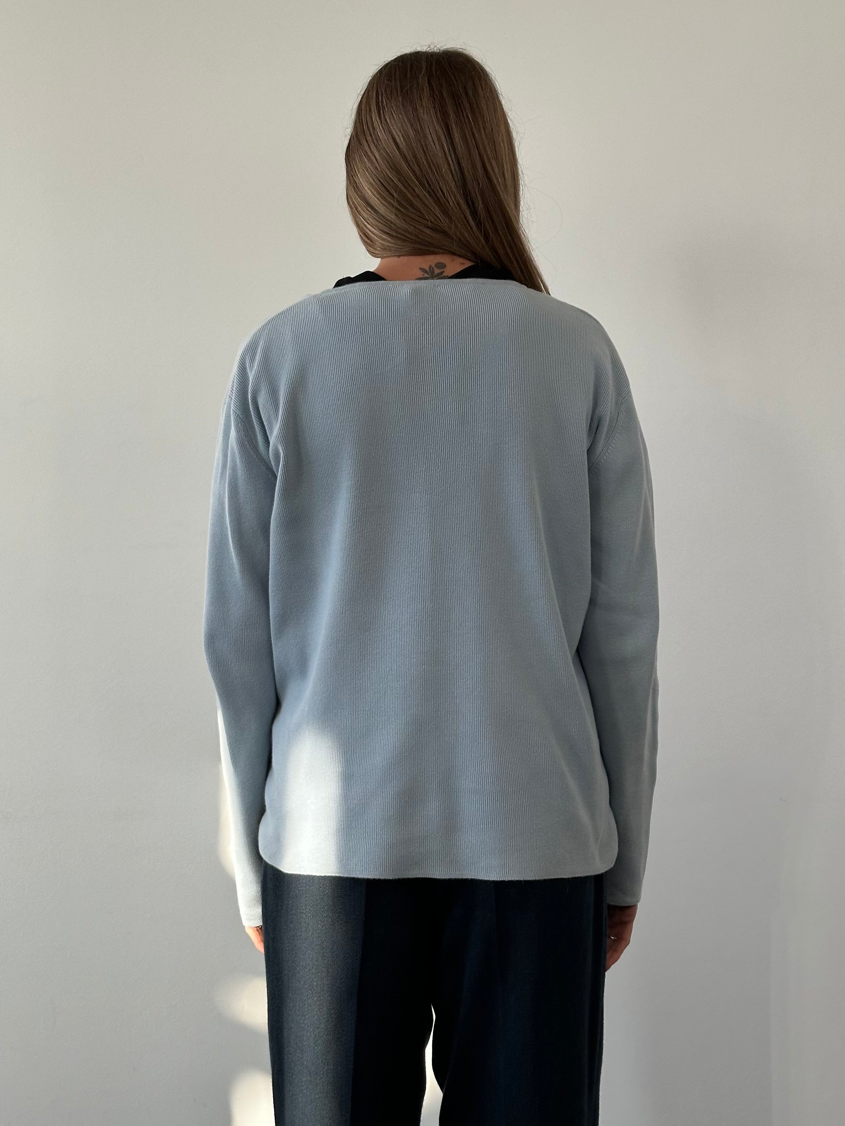 Armani Jeans pure cotton V-neck jumper in size large, navy blue, featuring a classic fit and ribbed cuffs and hem.