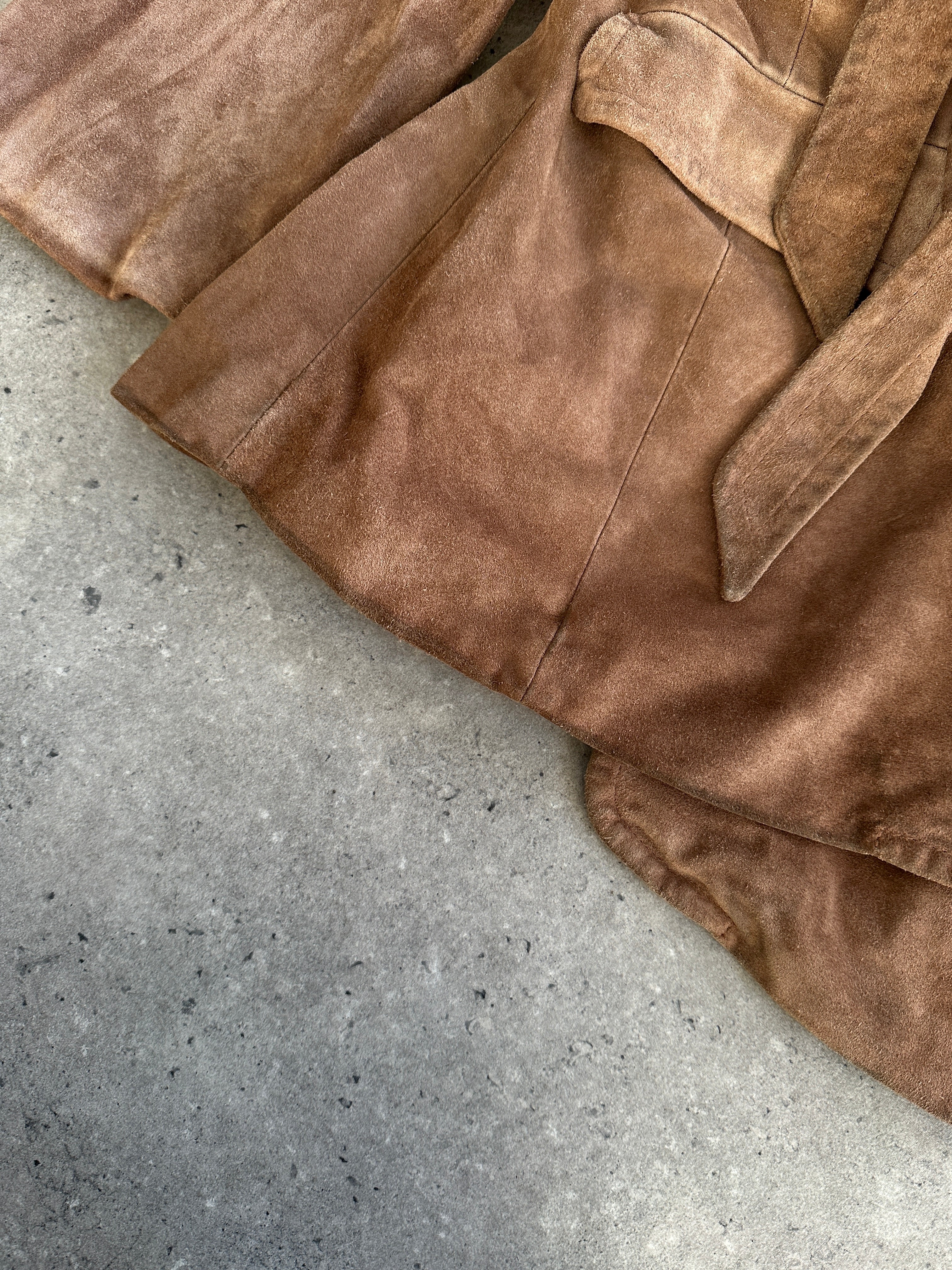 Marella suede belted jacket in size M, featuring a stylish design with a front belt and classic collar detail.