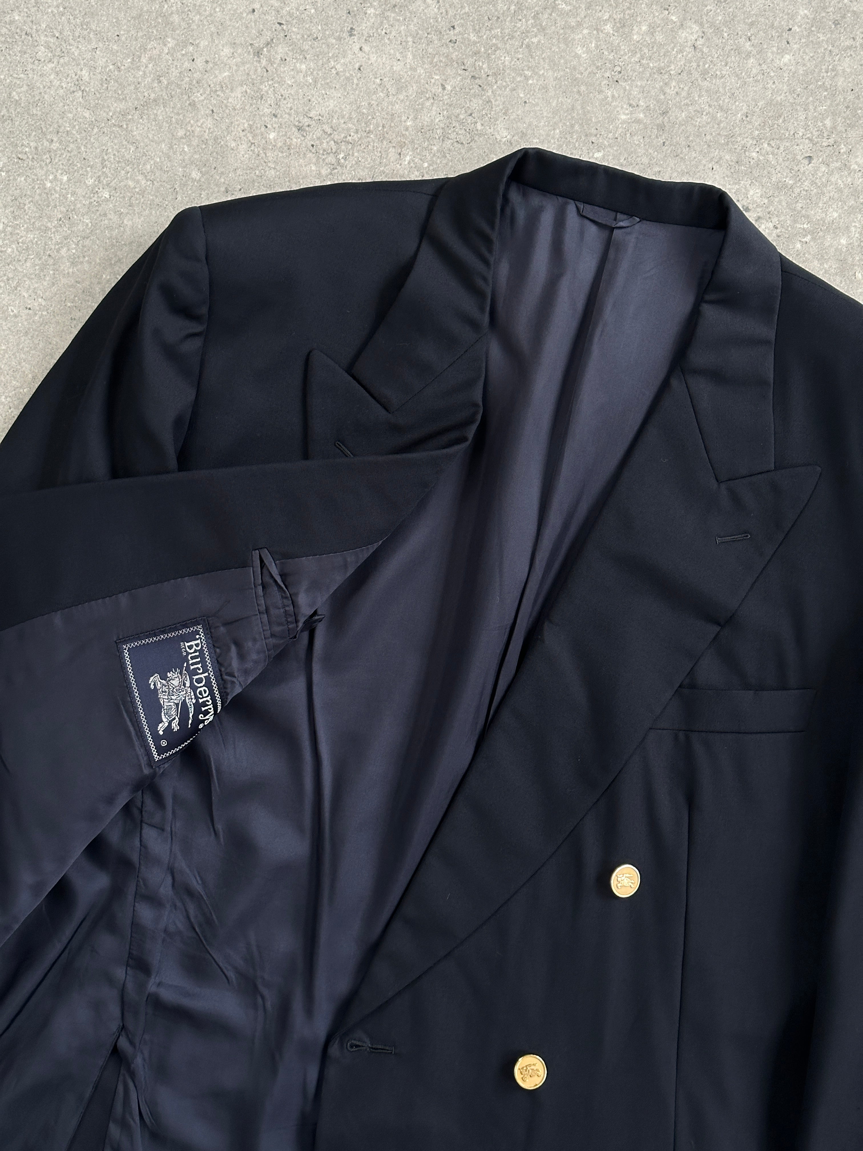 Burberry Pure Wool Bespoke Button Double Breasted Blazer in size 46R/XXL, tailored fit, classic design, dark wool fabric, front buttons.