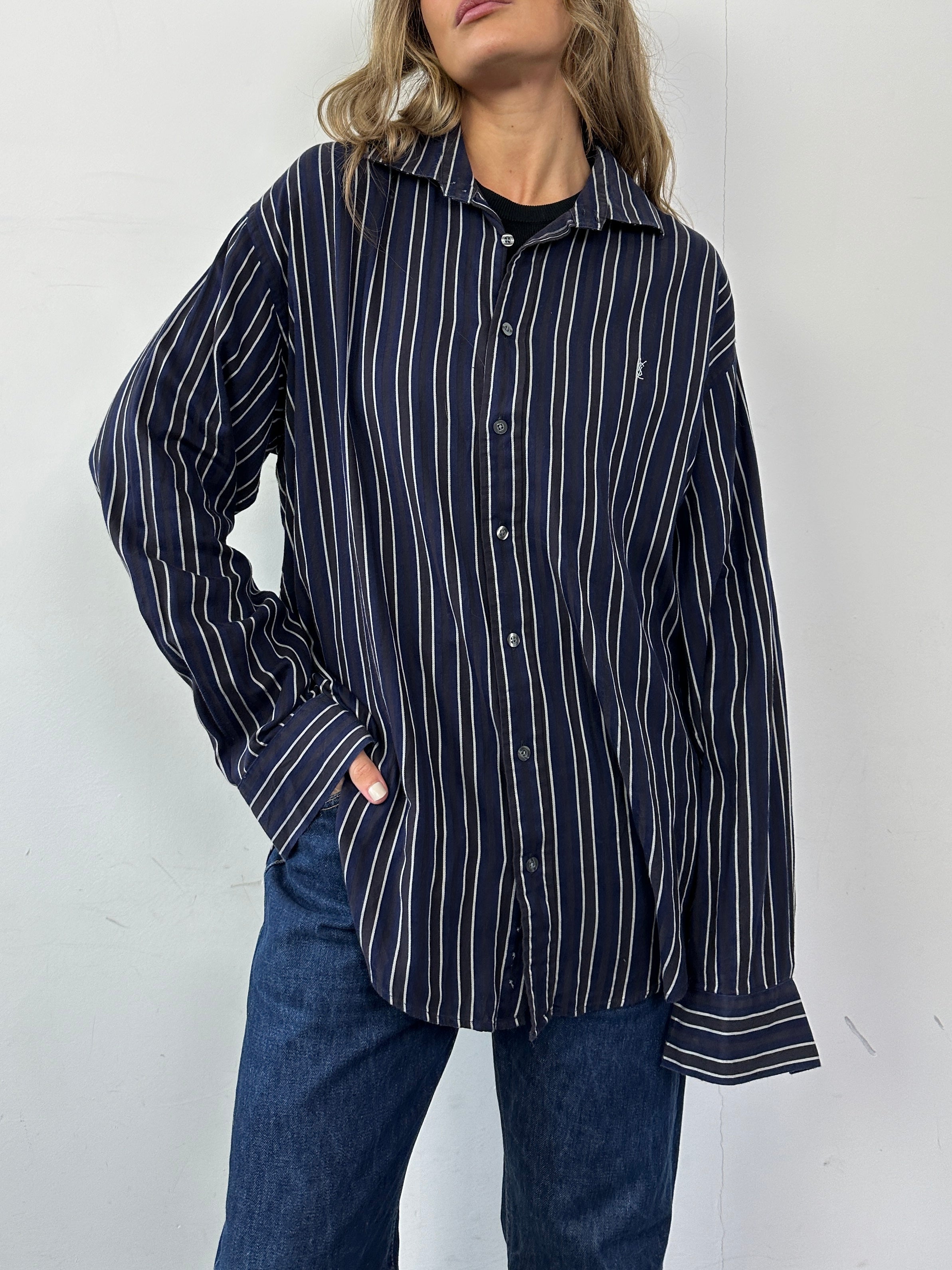 Yves Saint Laurent pinstripe pure cotton shirt in XL with logo design, featuring a classic button-up style and tailored fit.