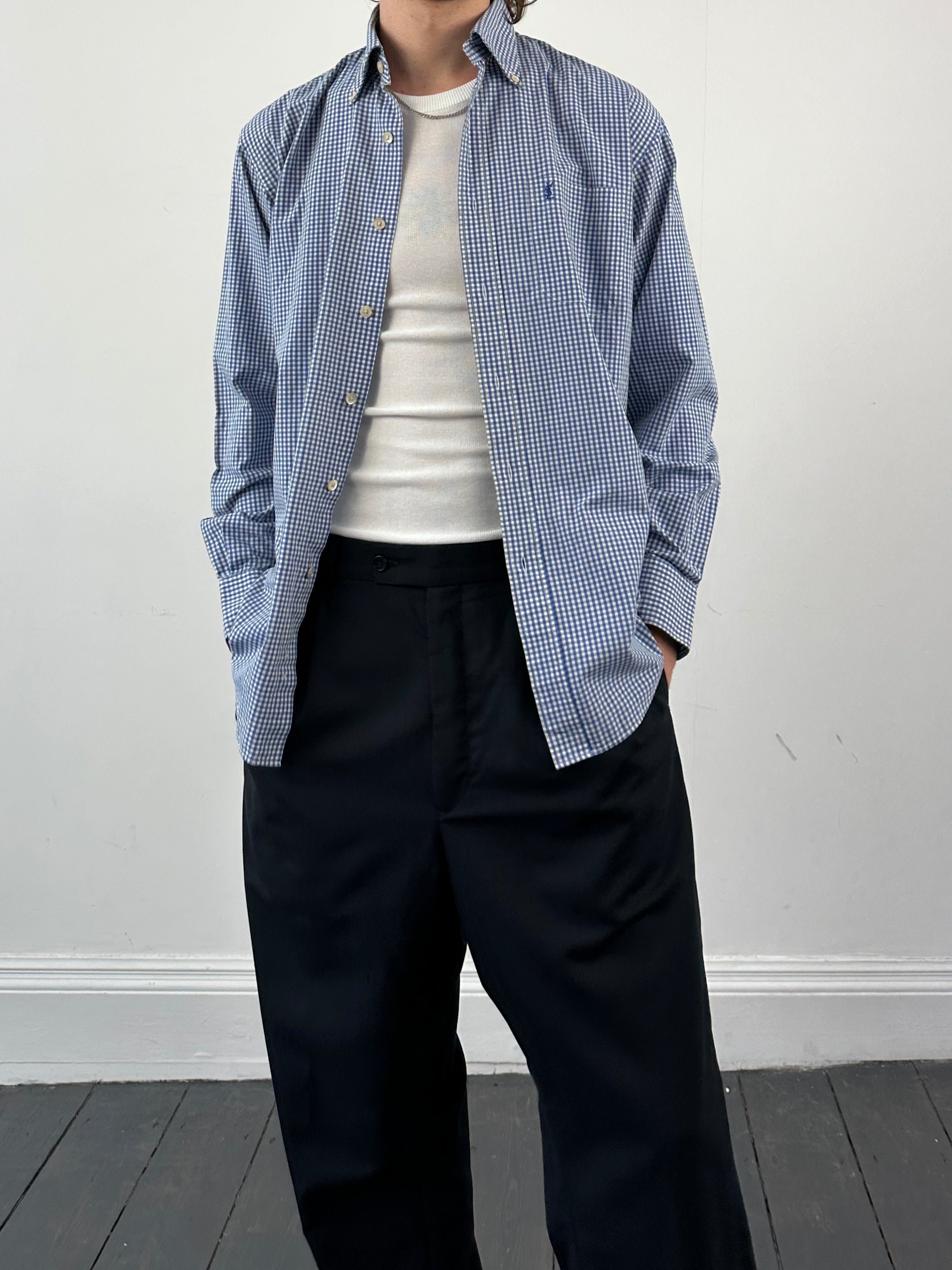 Yves Saint Laurent Pour Homme check cotton logo shirt in S/M, featuring a classic plaid pattern and YSL branding.