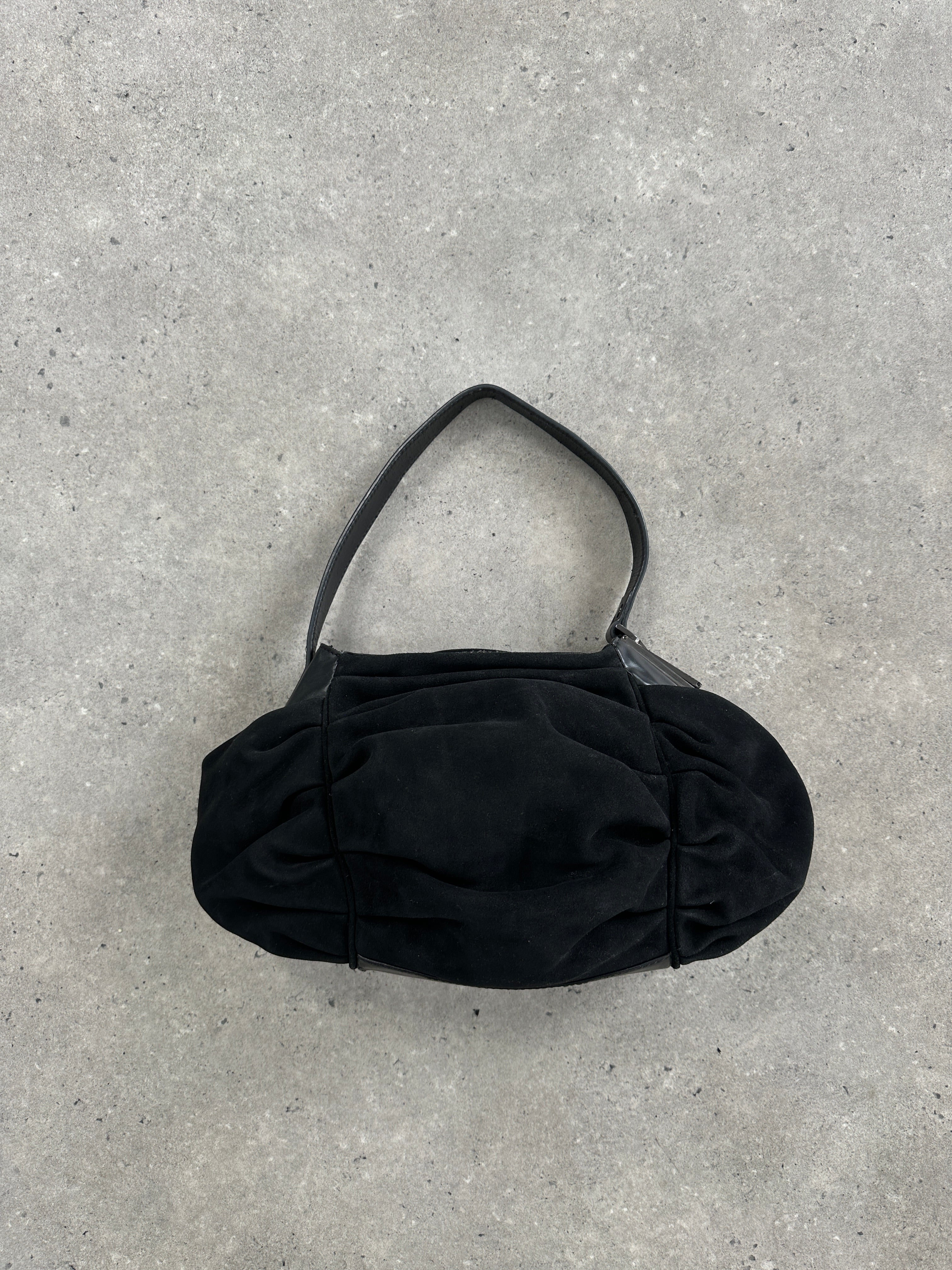 Armani Jeans suede ruched shoulder bag shown in brown with adjustable strap and textured finish.