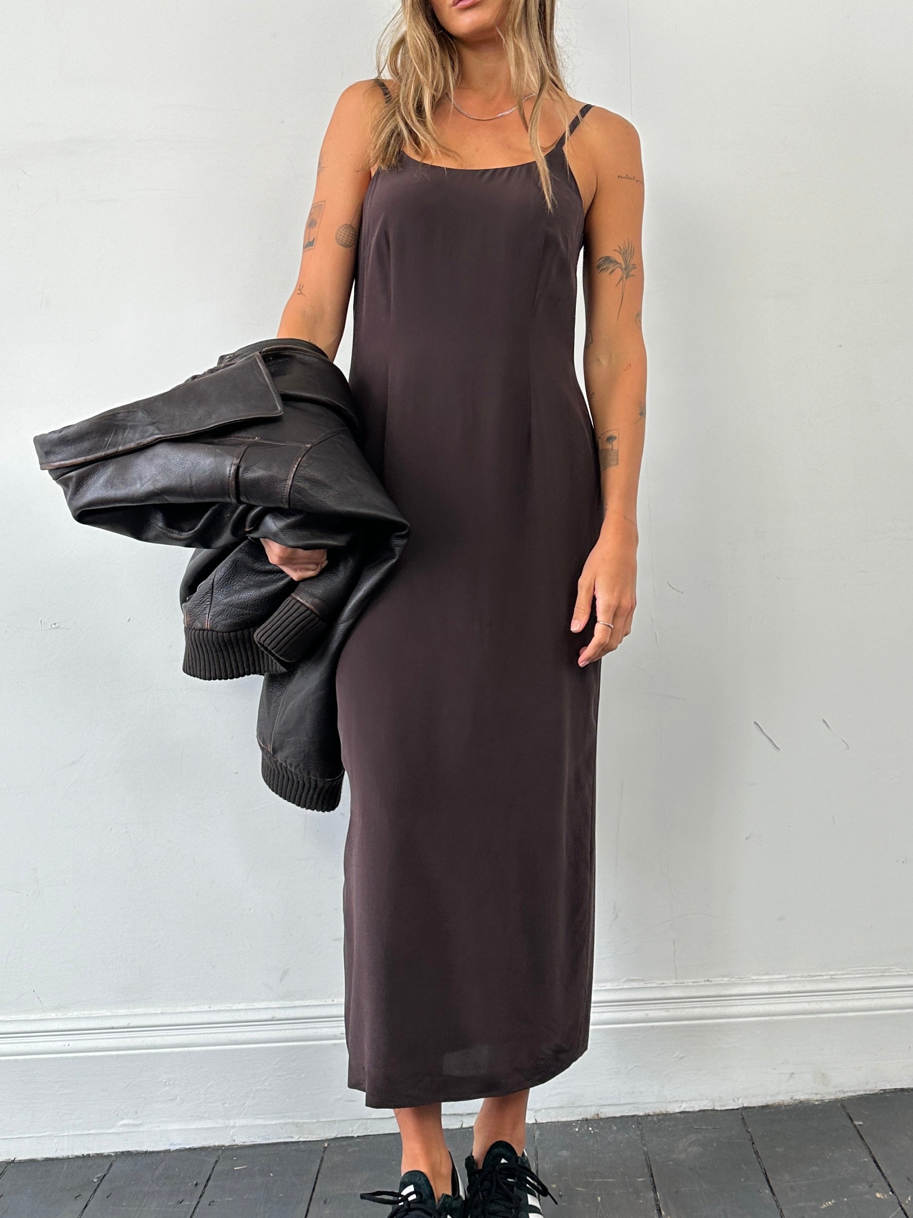 Laura Ashley pure silk floor length slip dress in size M, elegant black dress with smooth fabric and classic design.