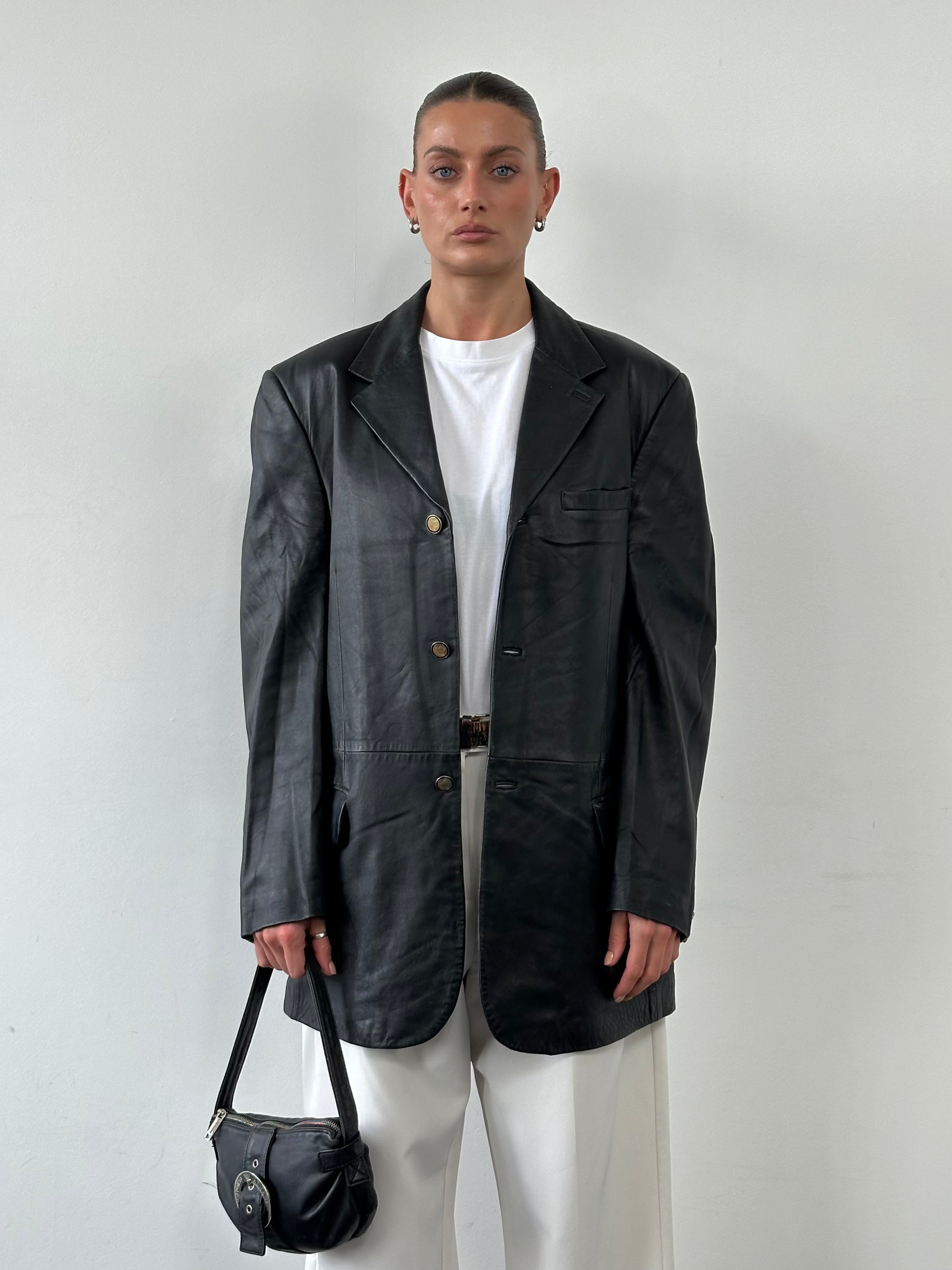 Versace Jeans Couture bespoke leather blazer jacket in XL, featuring a tailored fit and stylish button details.