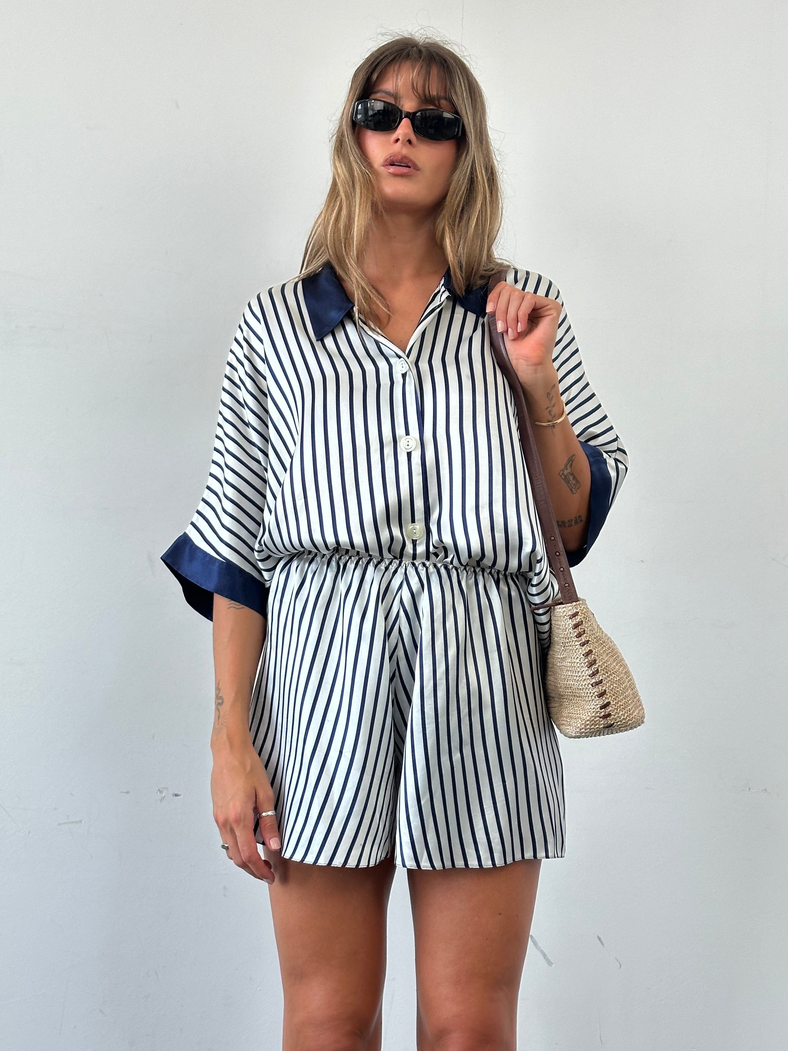 St Michael satin stripe two-piece shirt and shorts set, M/L size, featuring a stylish button-up shirt and matching shorts.