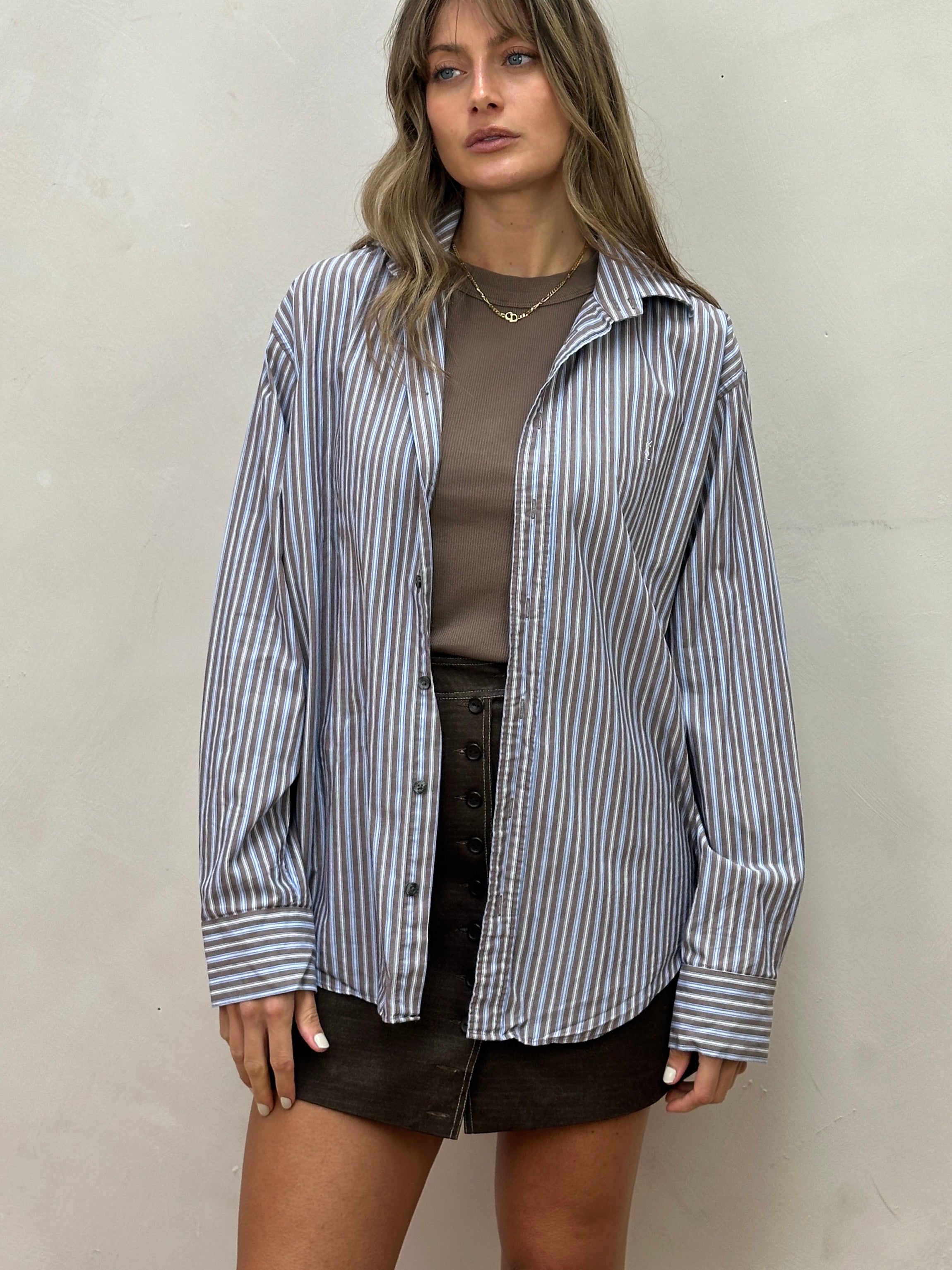 Yves Saint Laurent Pour Homme stripe pure cotton logo shirt in size L, featuring classic striped pattern and YSL branding.