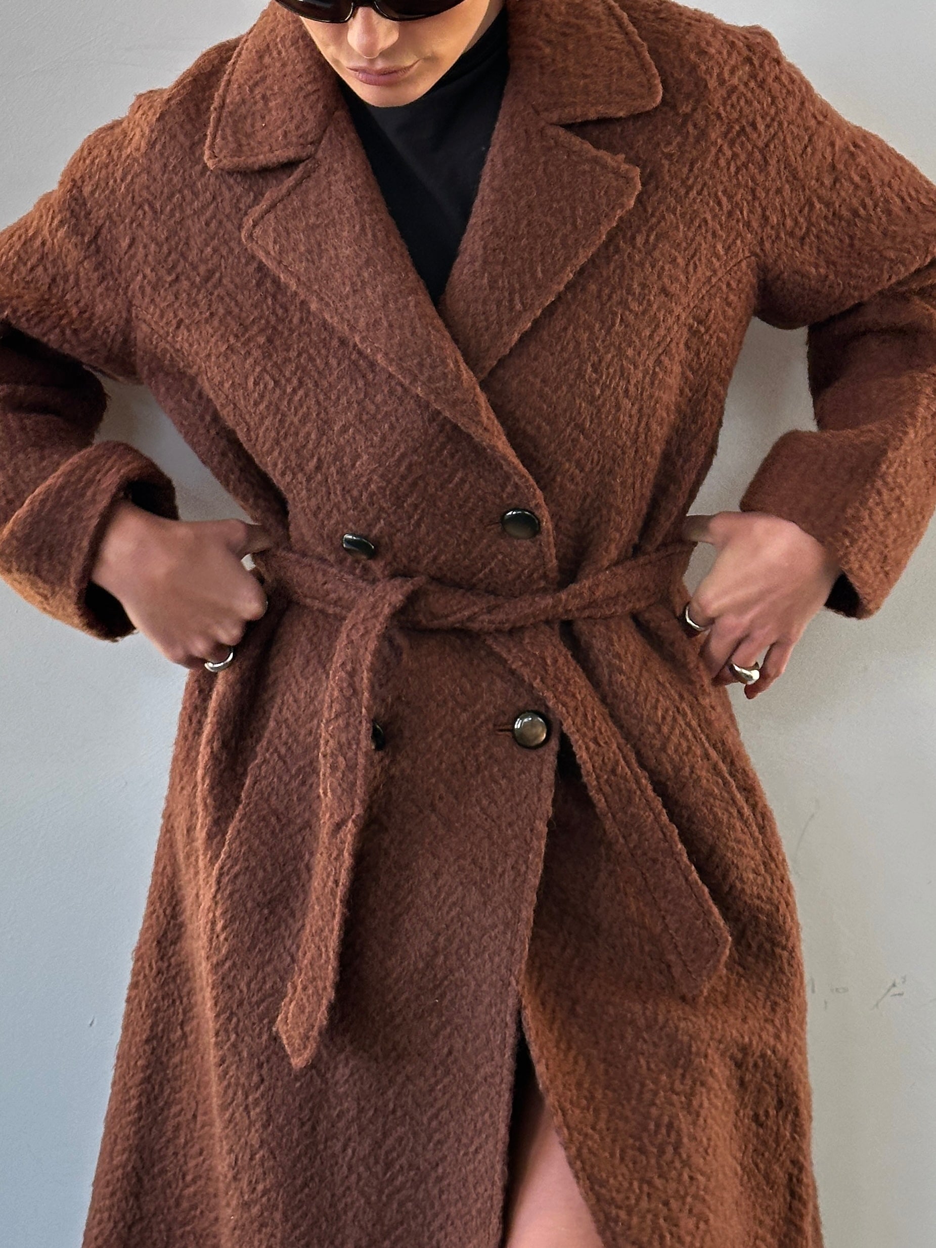 Vintage Italian mohair wool double-breasted belted coat in natural beige, showcasing classic vintage style and tailored fit.