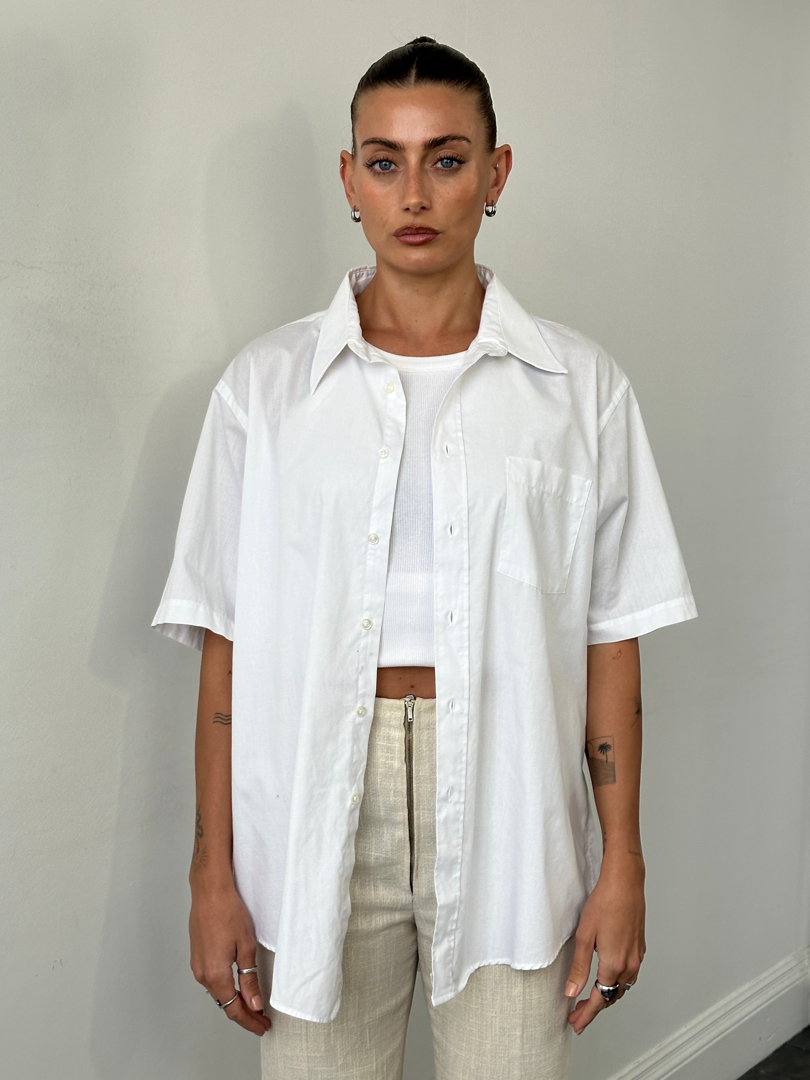 Christian Dior Monsieur short sleeve cotton shirt in size XXL, white with classic collar and button-front design.
