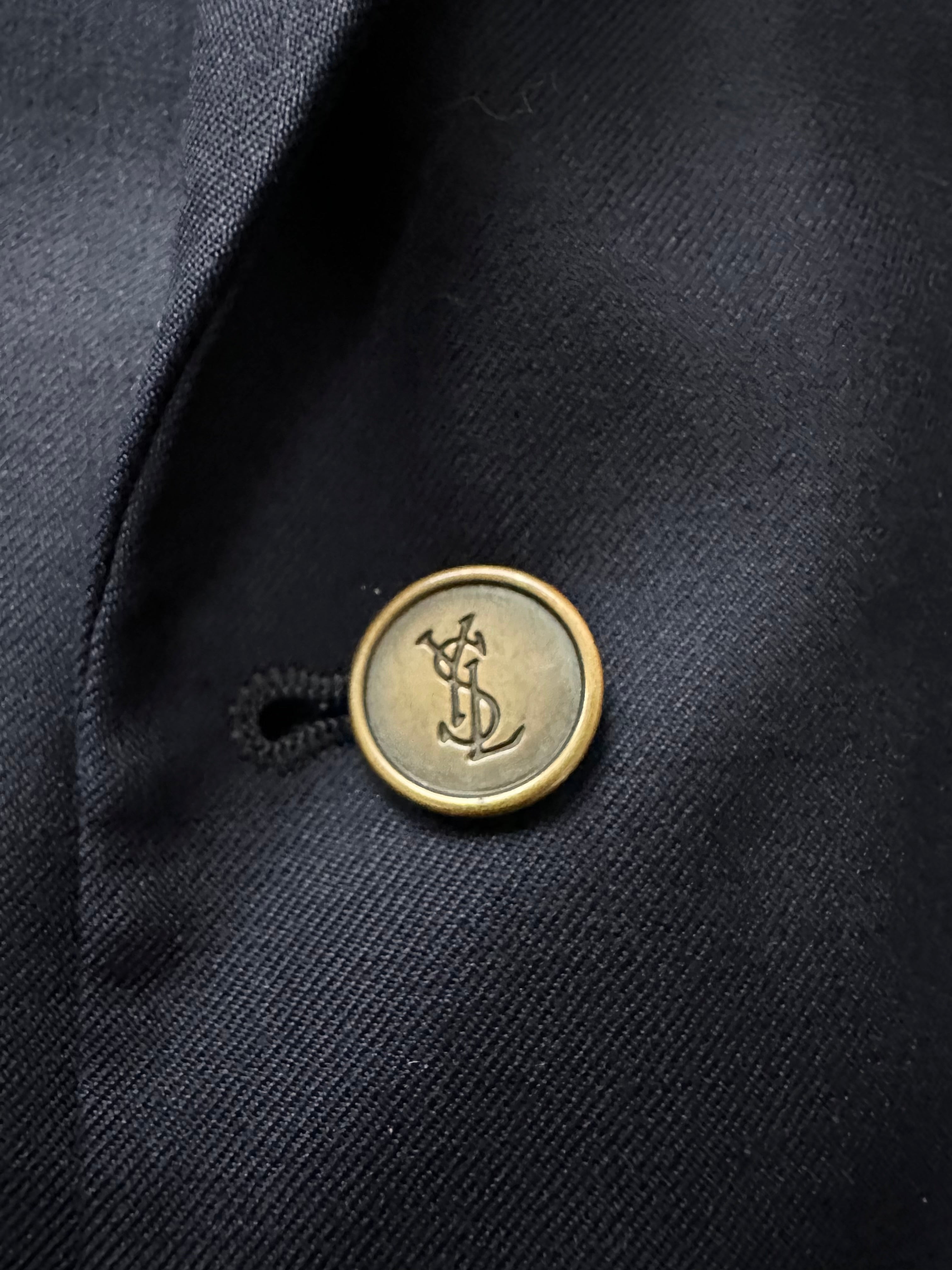 Yves Saint Laurent men's 1990s pure wool bespoke button blazer in size 42R/L, navy blue with classic tailored fit.