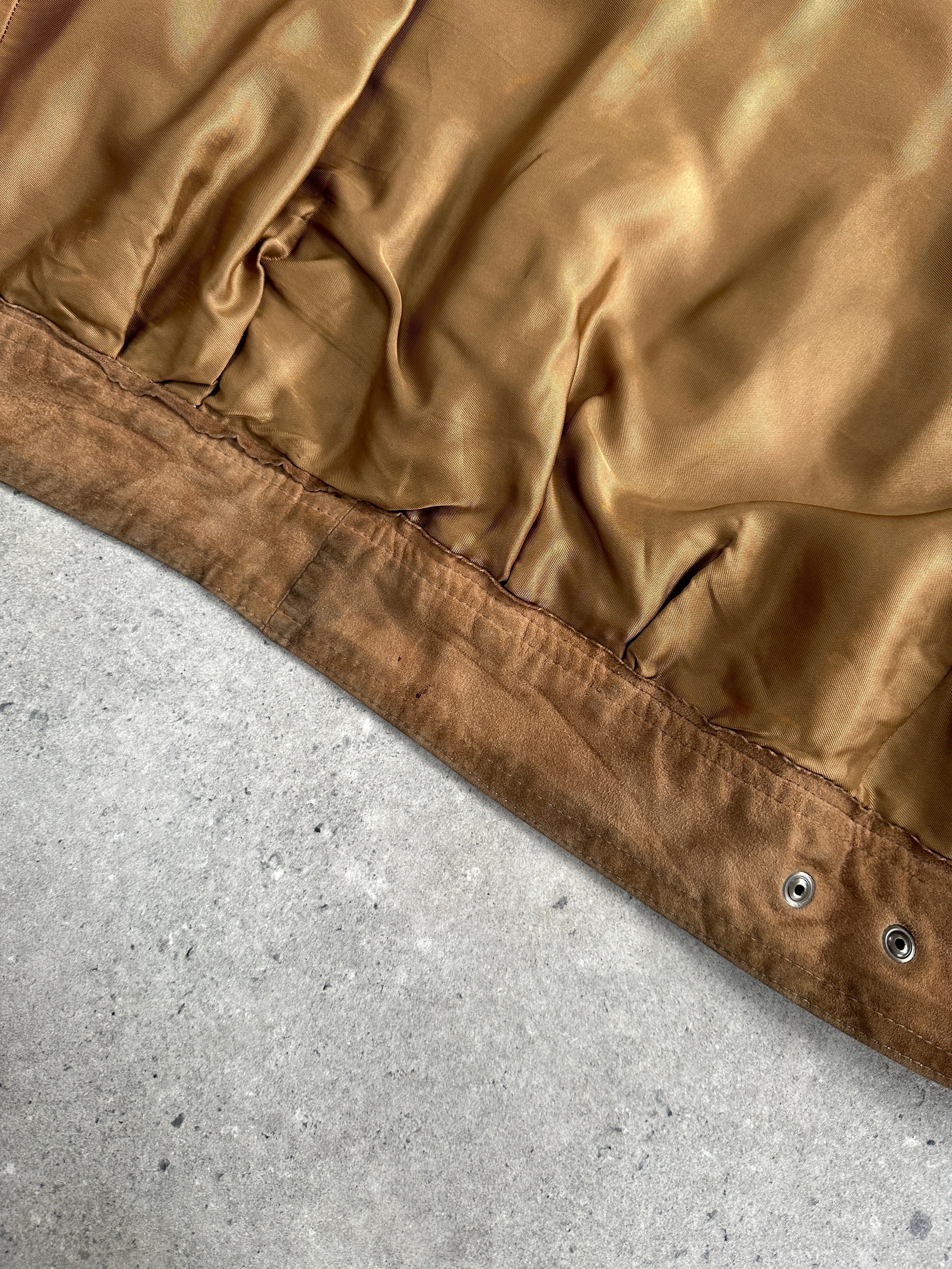 Vintage high neck suede bomber jacket in size M, front view showcasing classic style and rich suede texture.