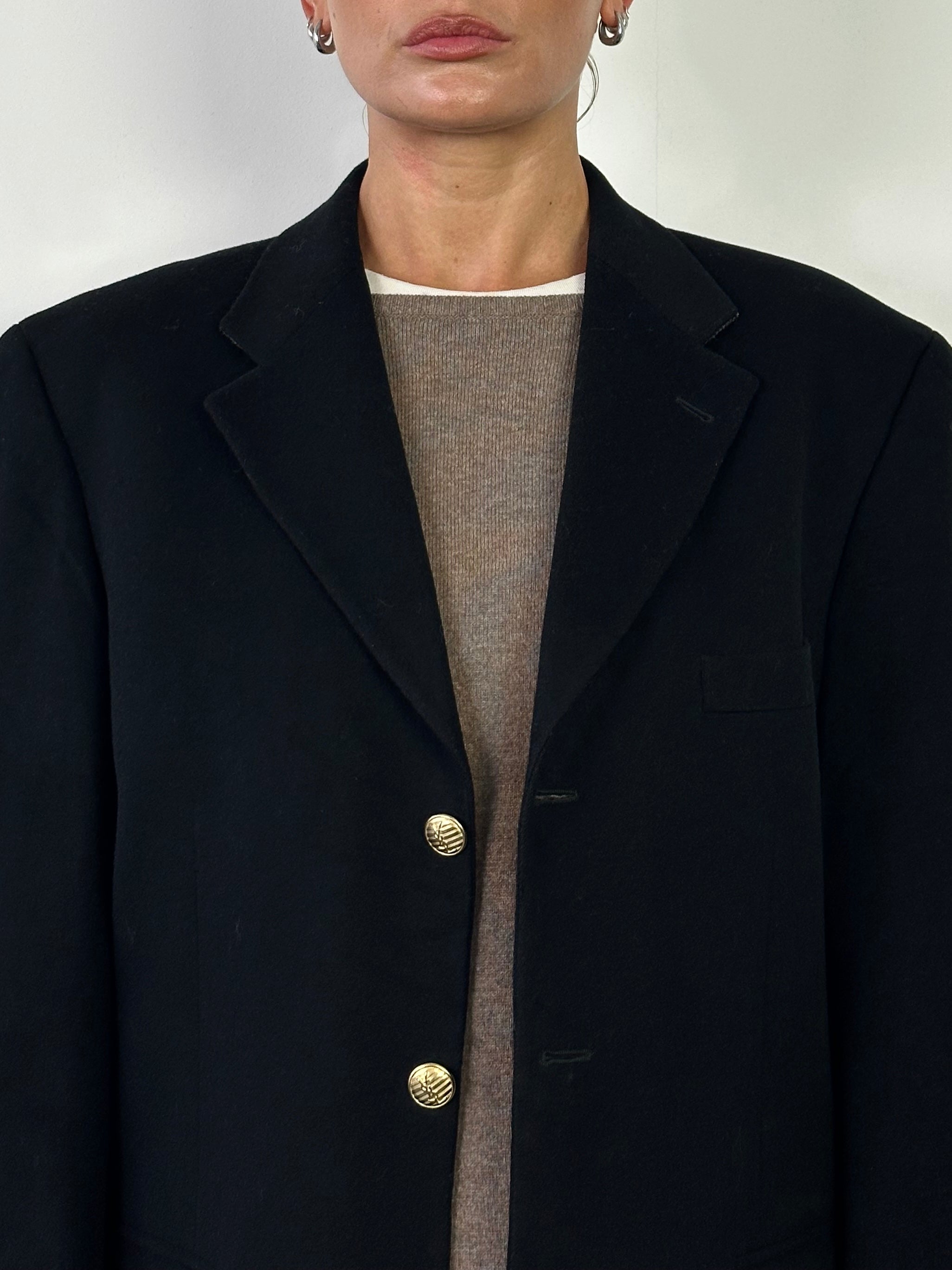 Yves Saint Laurent men's 1990s brushed wool cashmere blazer, bespoke button, in size 38R/L, tailored and stylish for formal wear.