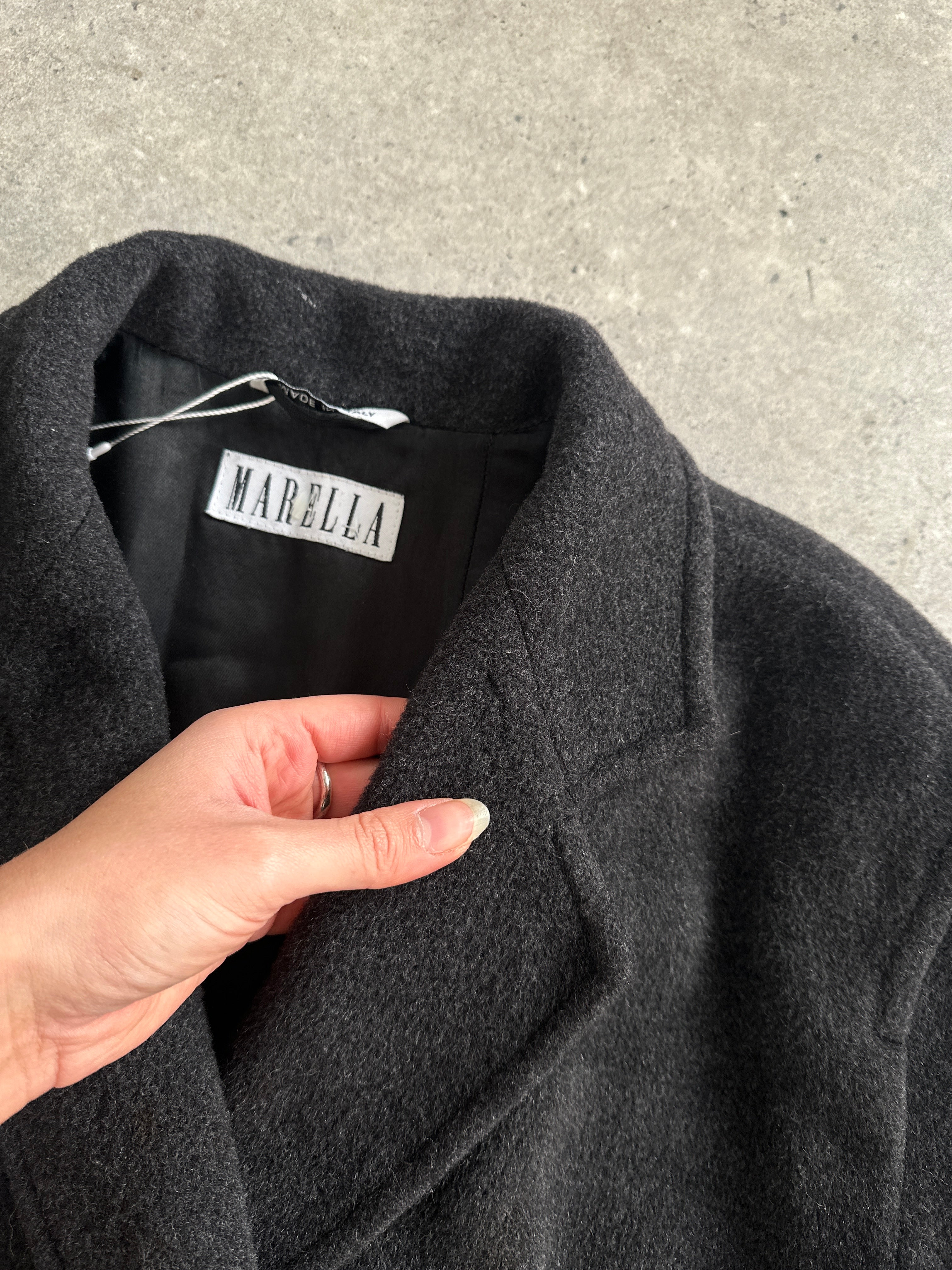 Marella wool cashmere double-breasted floor-length coat in XL, displayed on a hanger with classic tailored design.
