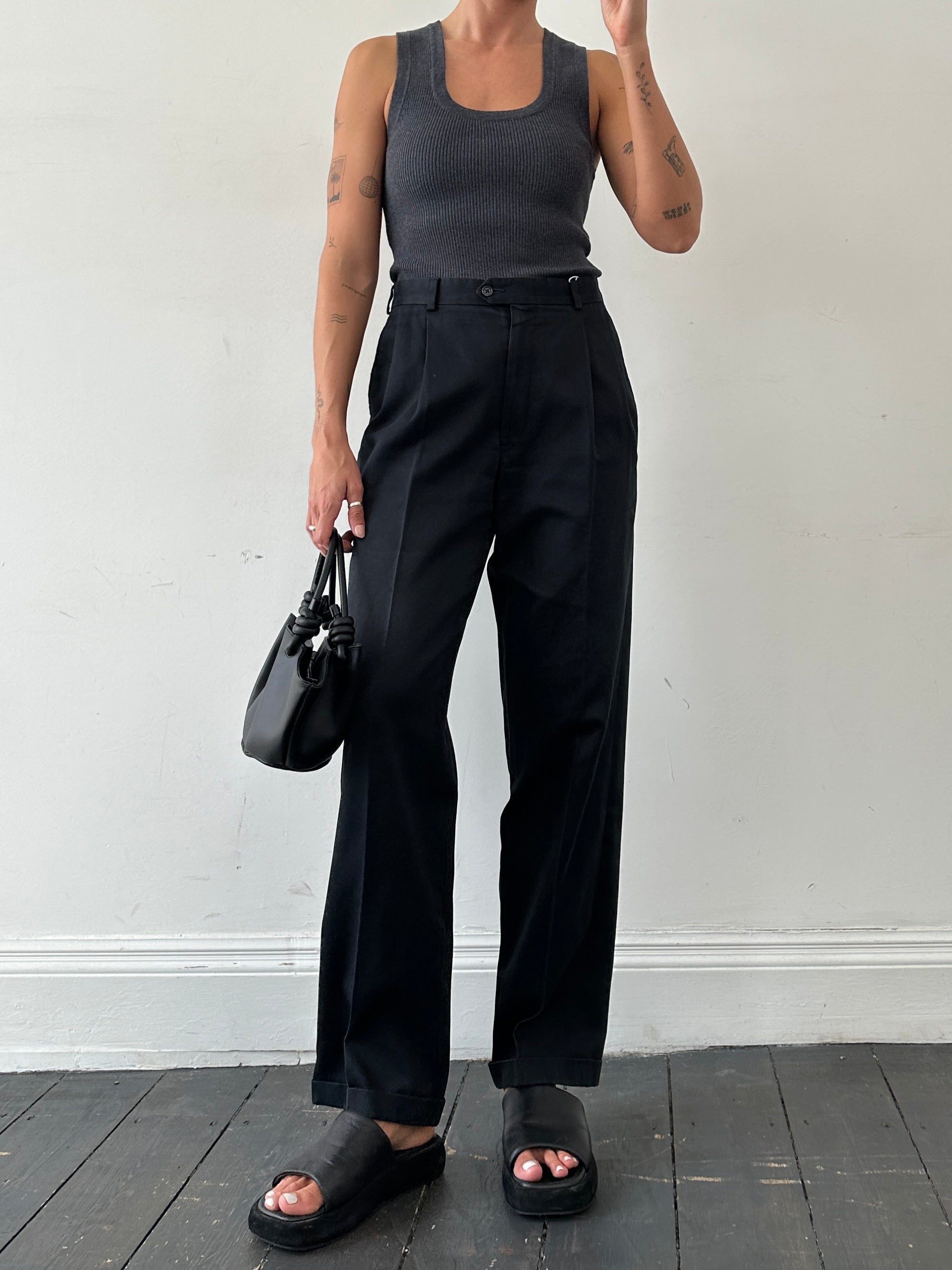 Vintage high waisted pleated trousers made from Pima cotton, featuring a classic vintage style with a W32 waist.