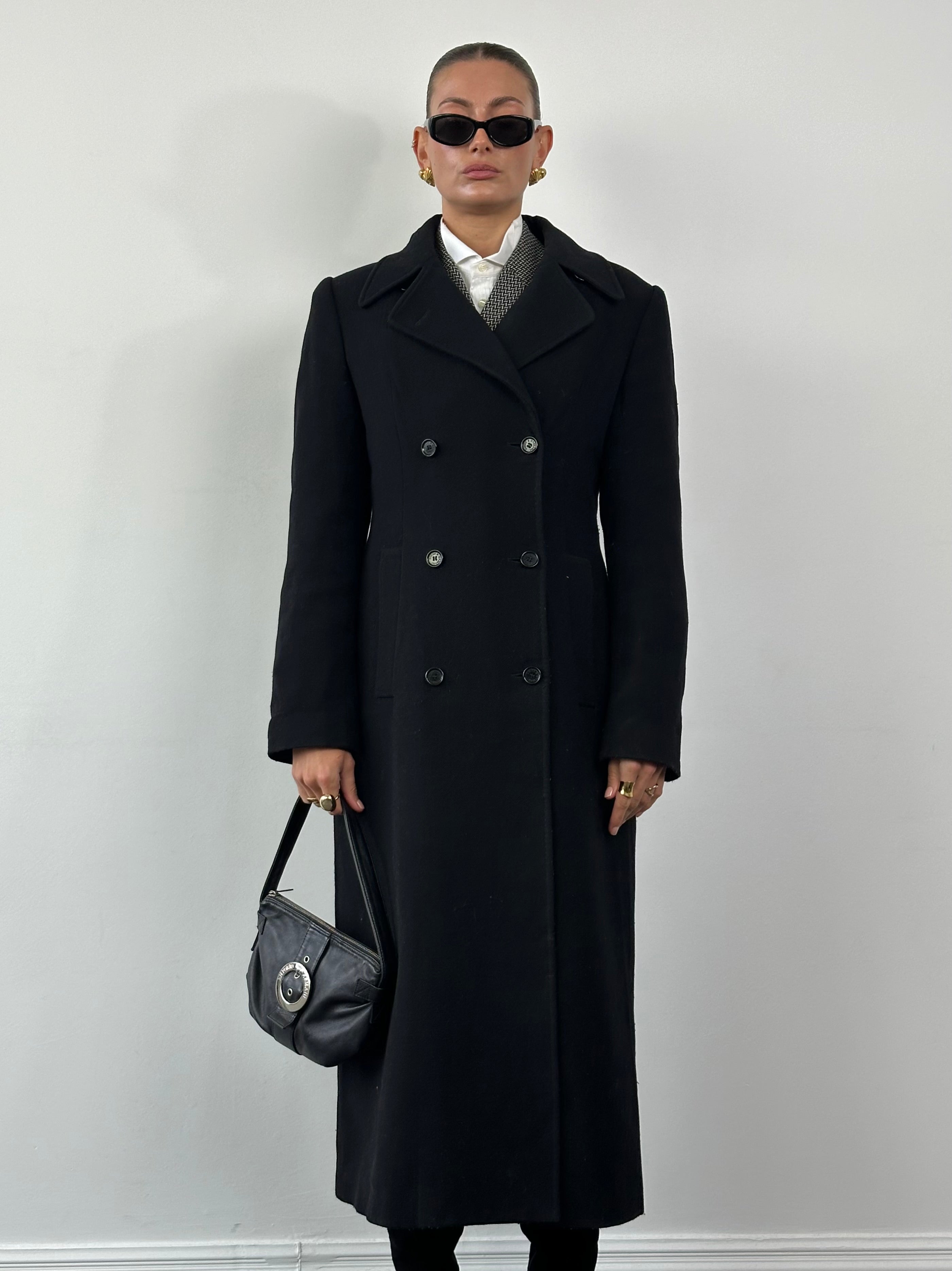 Dolce & Gabbana wool coat, floor-length double-breasted design in size M/L, stylish and warm outerwear for women.