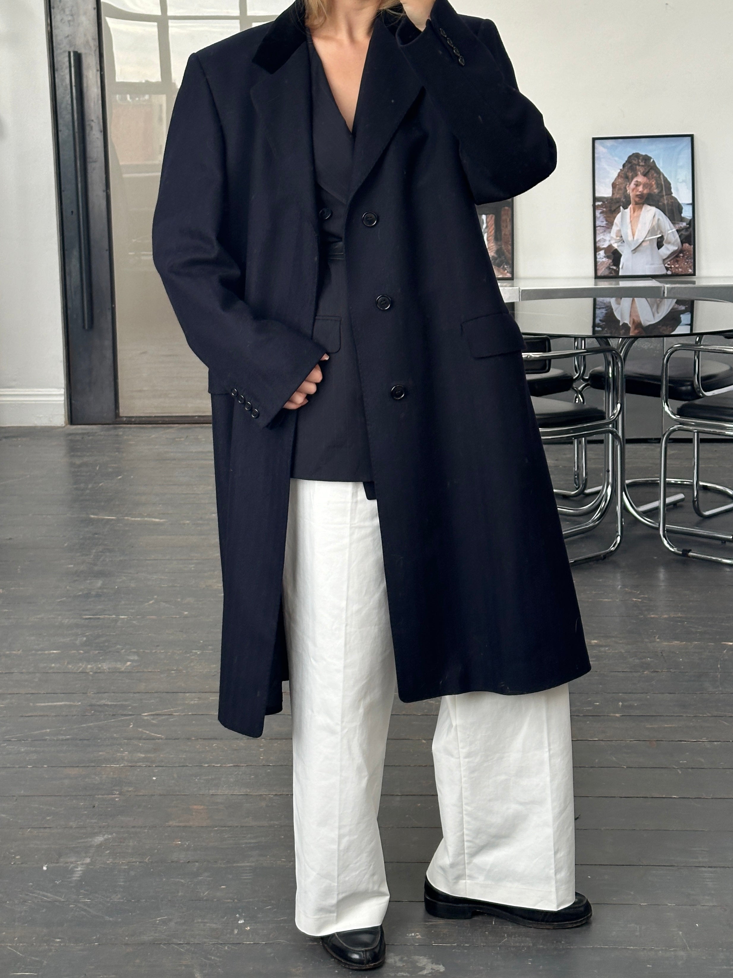 Christian Dior Monsieur 1980s XL pure wool coat with concealed placket, displayed on a hanger, showcasing classic design and beige color.