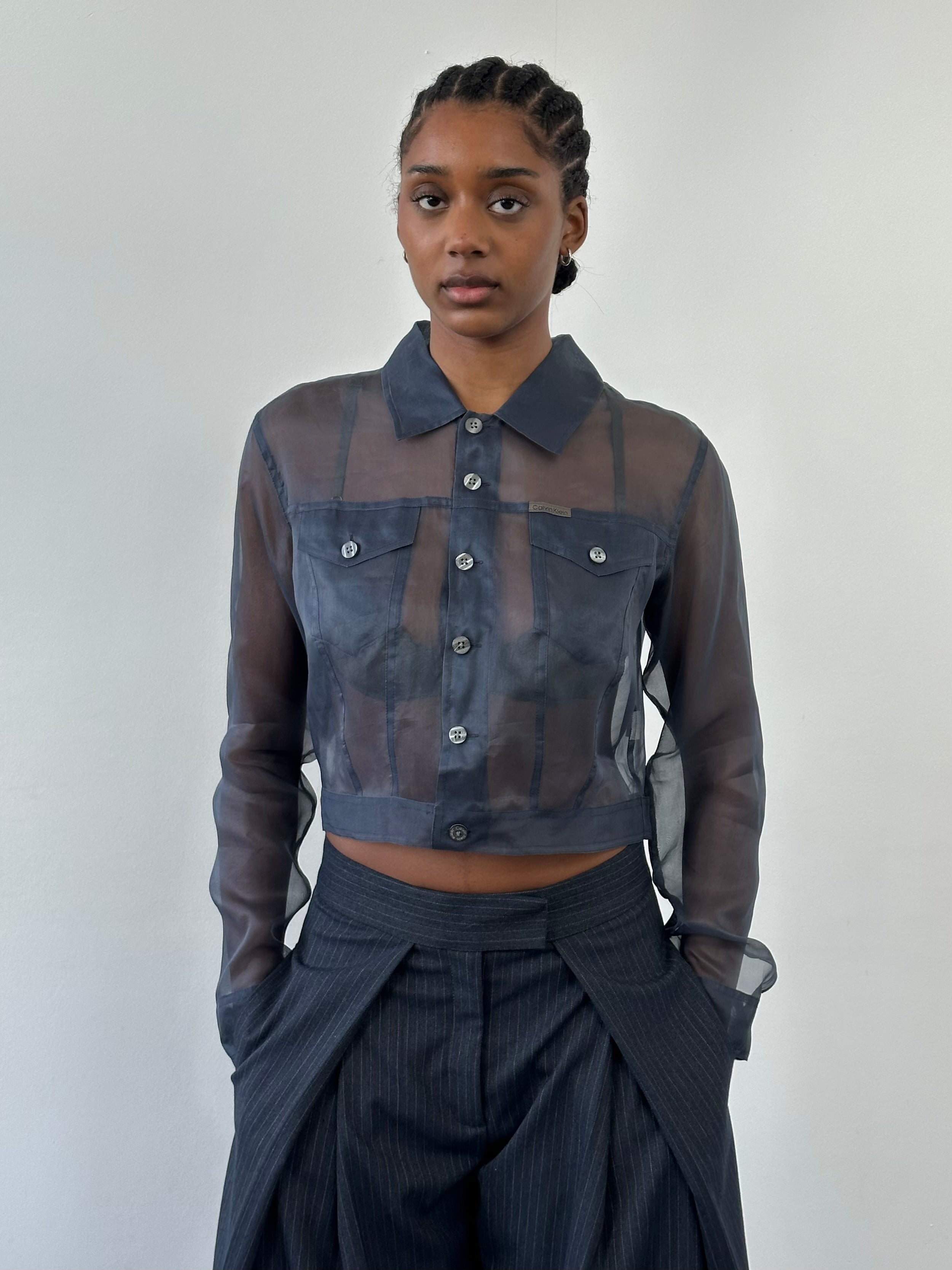 Vintage Calvin Klein Jeans 2000s pure silk sheer jacket, size M, with lightweight, transparent fabric and classic design details.