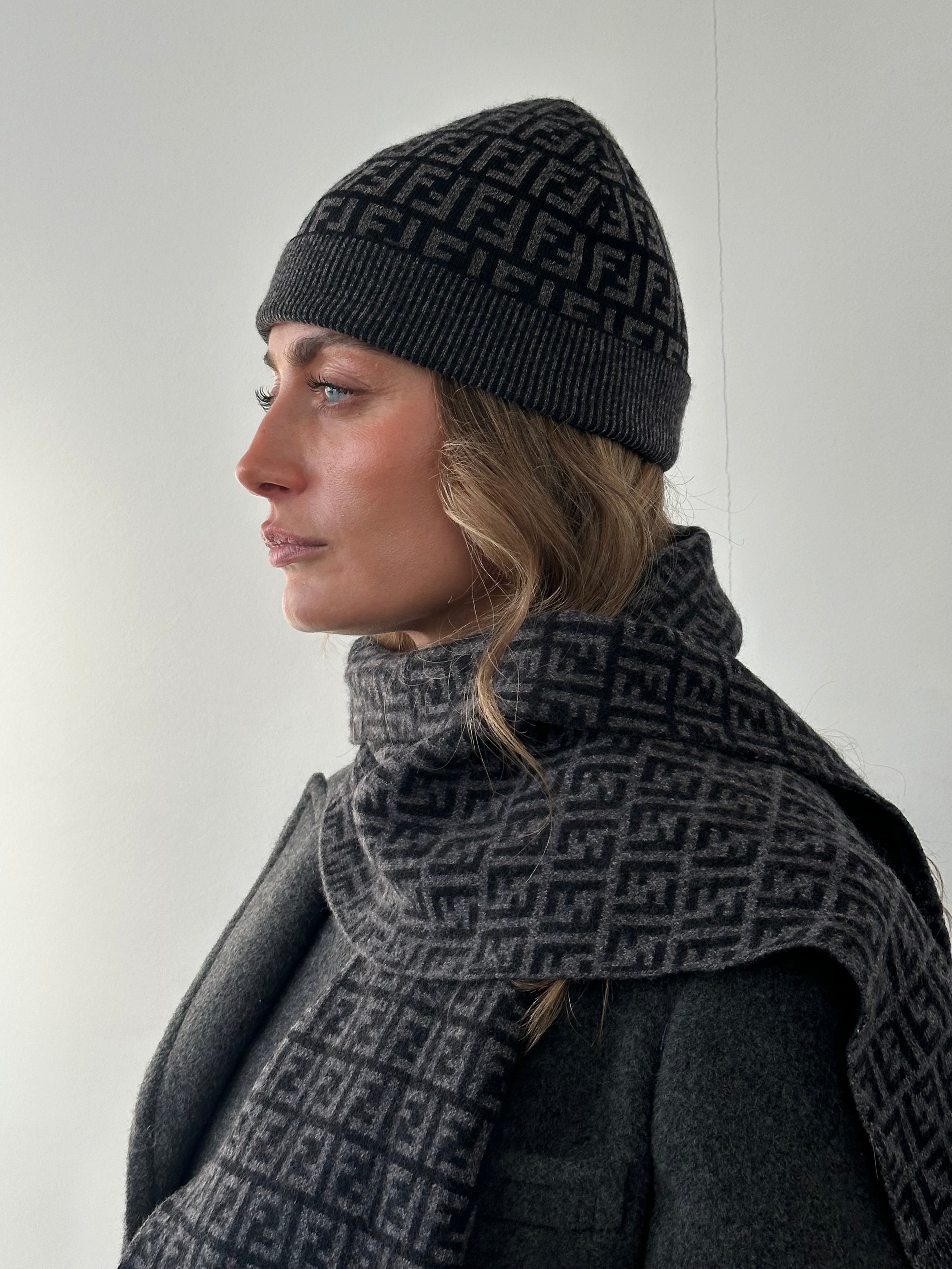 Fendi FF Monogram pure wool scarf with classic logo pattern, soft and stylish accessory for cold weather.