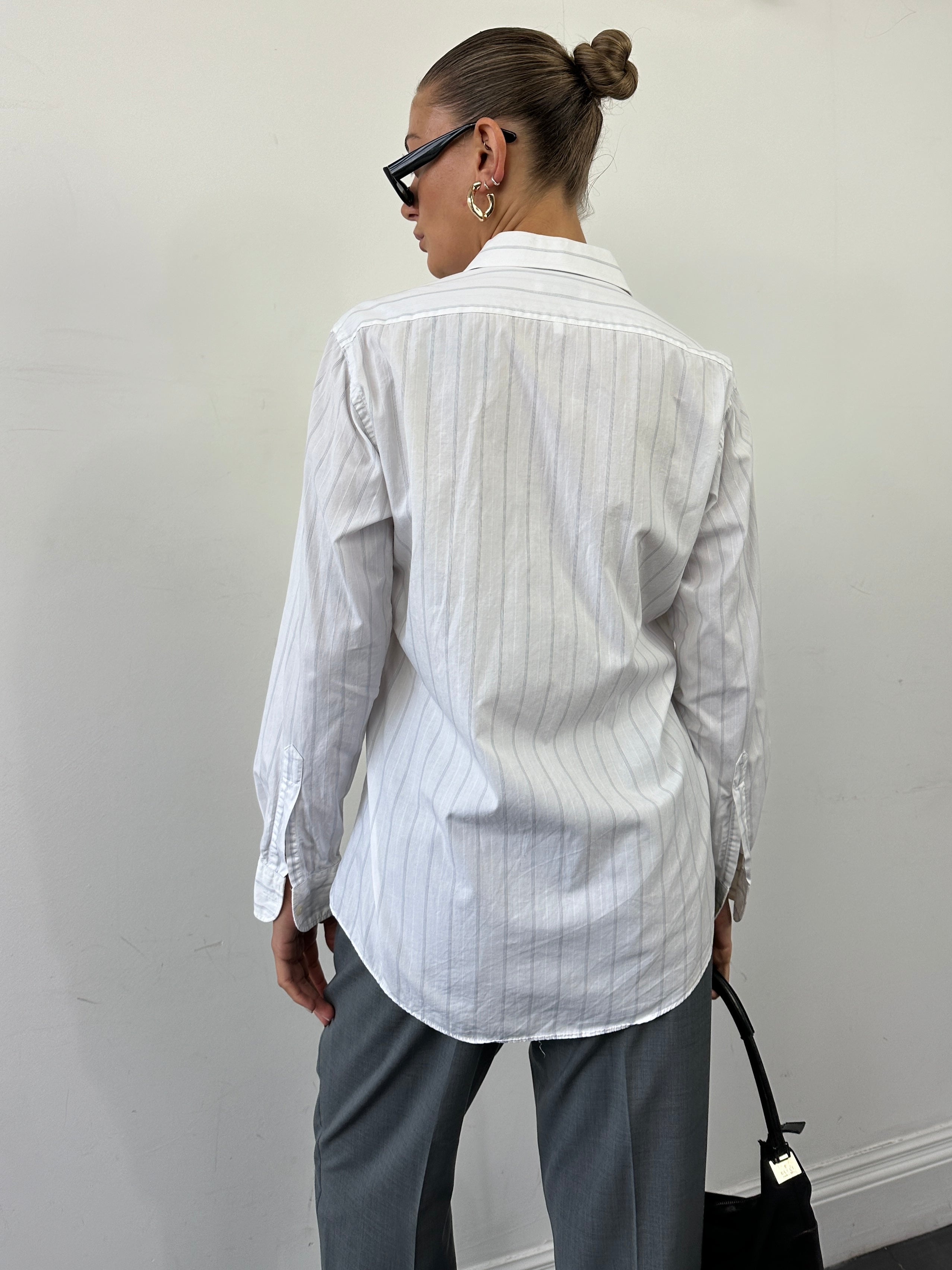 Yves Saint Laurent pinstripe pure cotton shirt in size M, featuring a classic button-up design with a pointed collar and long sleeves.