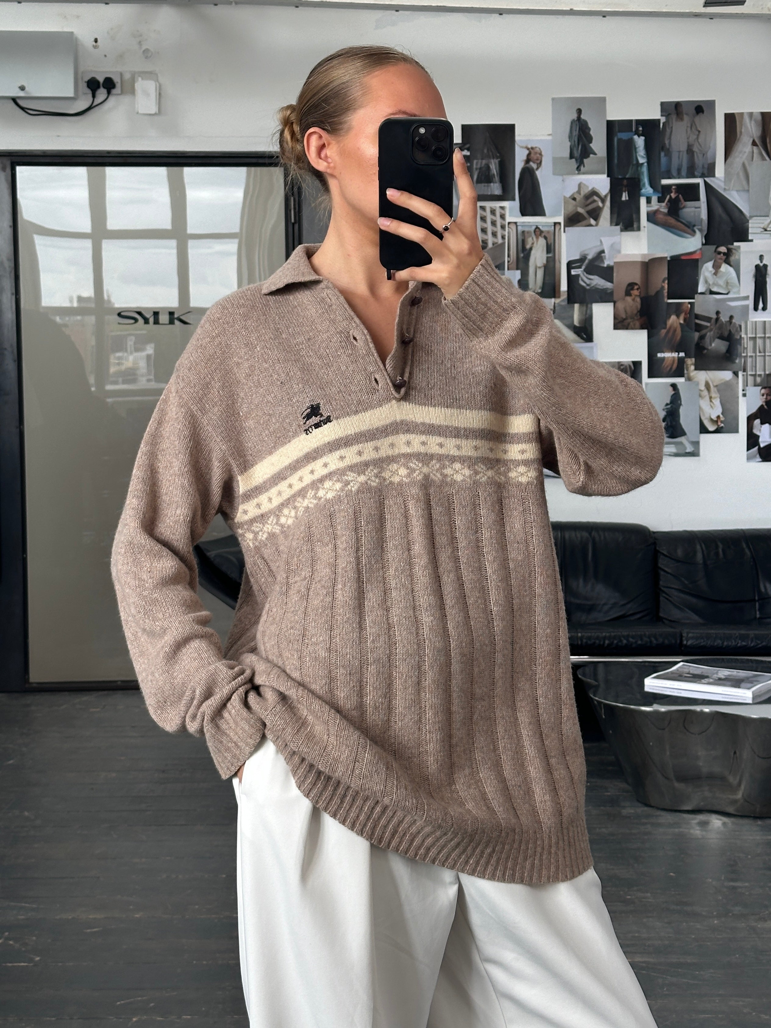 Burberry 1990s wool Fair Isle logo polo jumper in XL, featuring classic pattern and brand logo on the front.