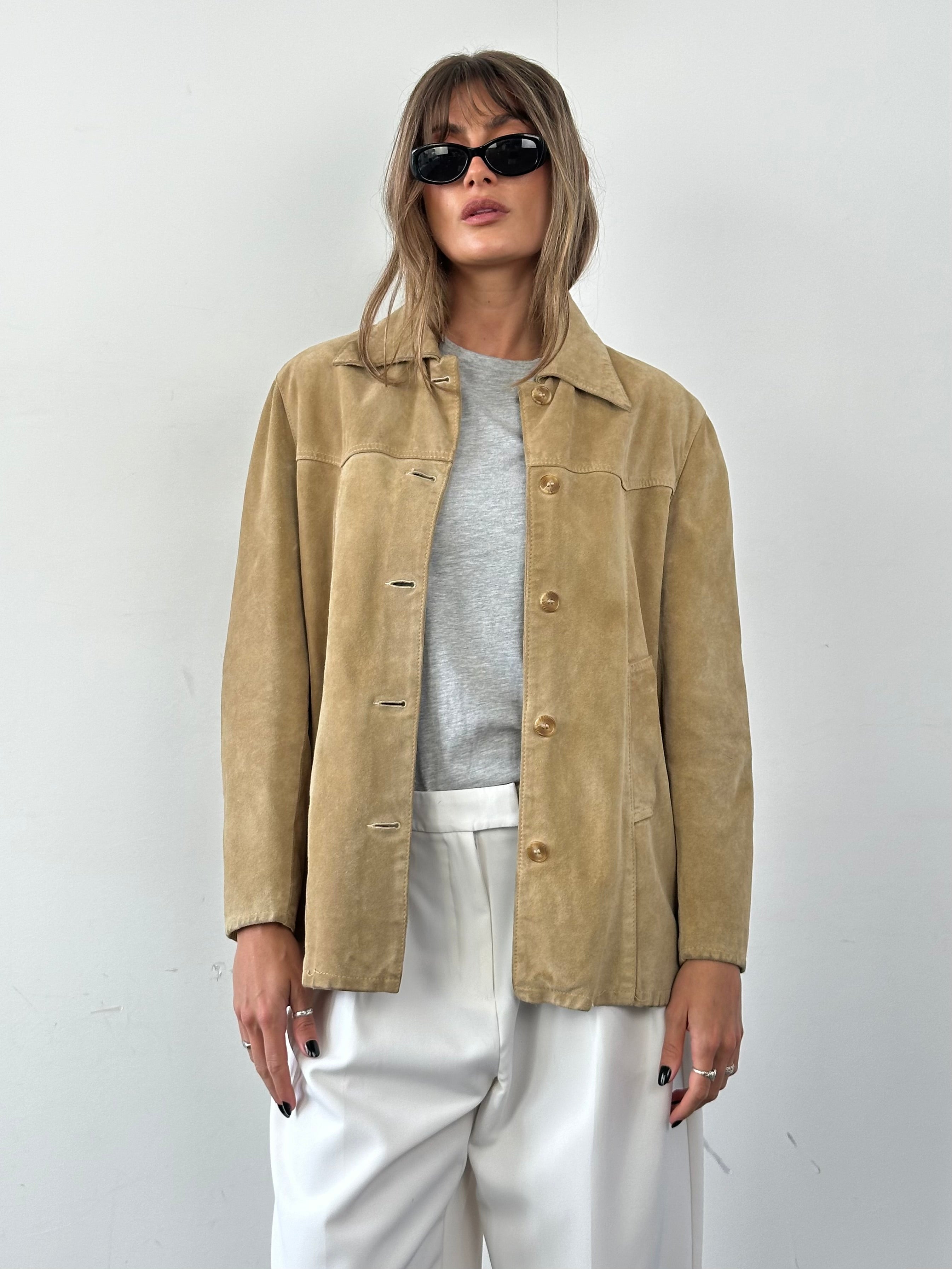 Vintage Italian suede belted jacket in size S/M, featuring a classic design with a stylish collar and waist belt.