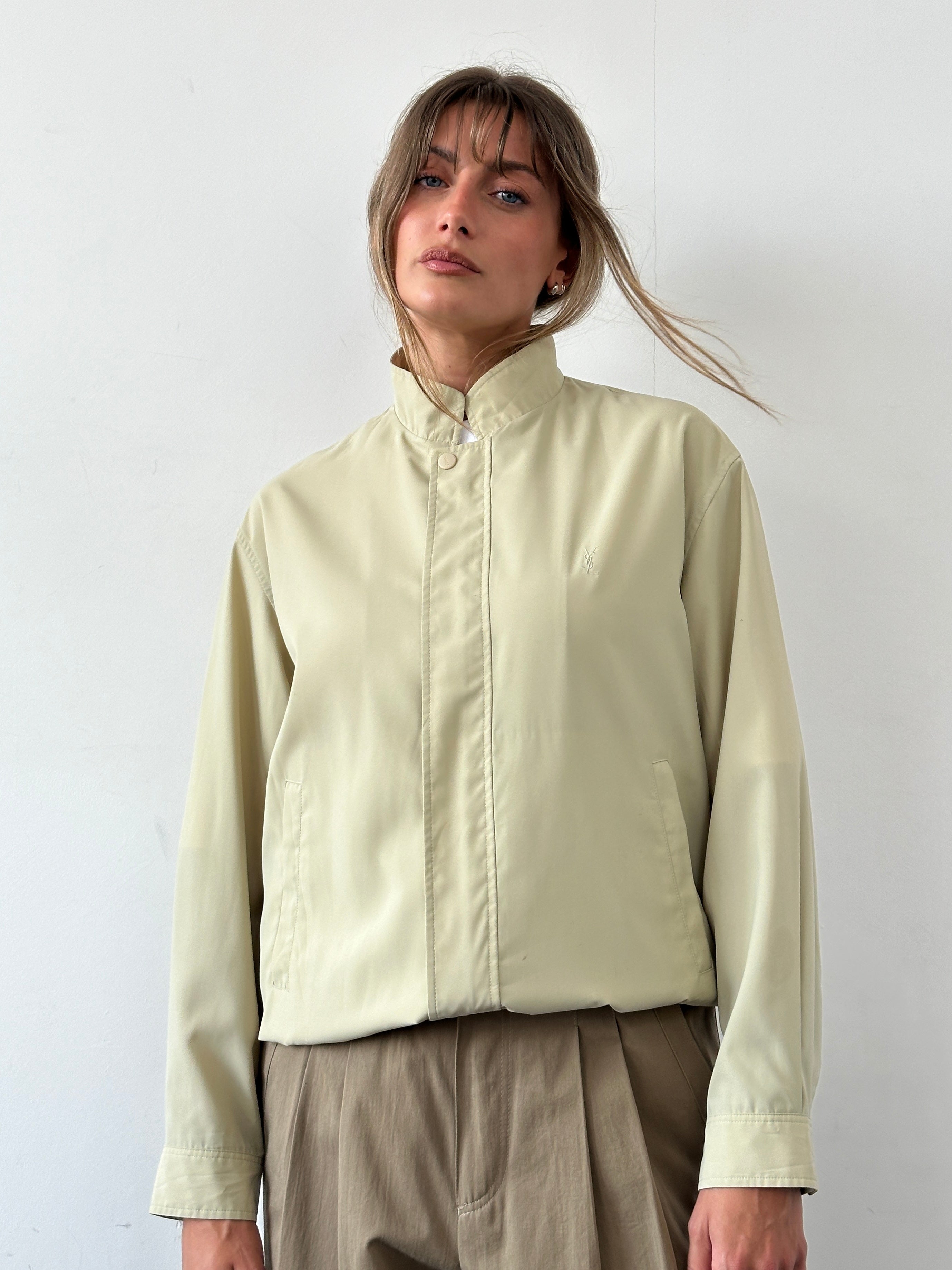 Yves Saint Laurent Pour Homme logo bomber jacket in size M, featuring a sleek design with YSL branding on the front.