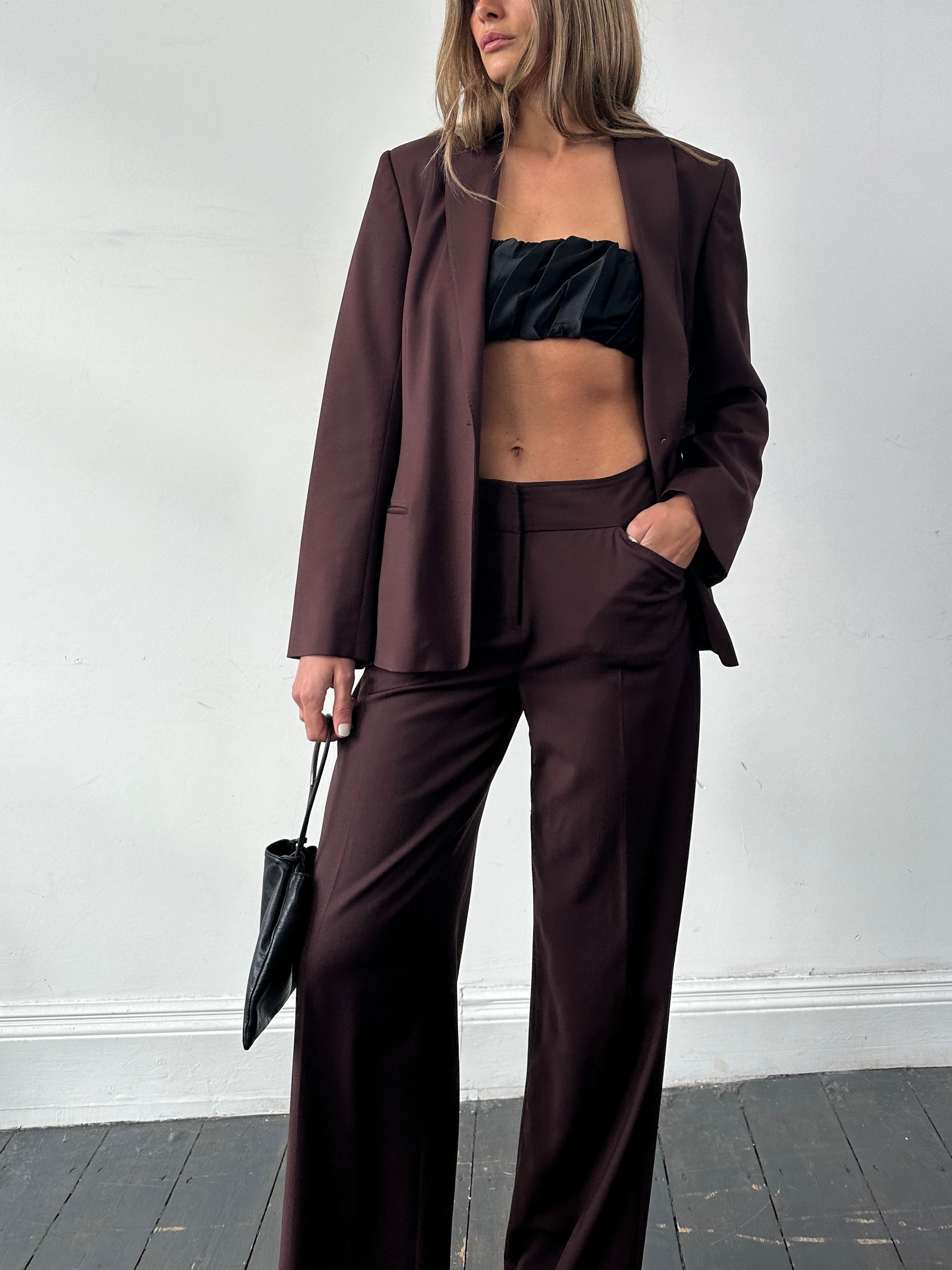 Max Studio wool wide-leg jumpsuit featuring a single-breasted blazer design in a stylish suit style.